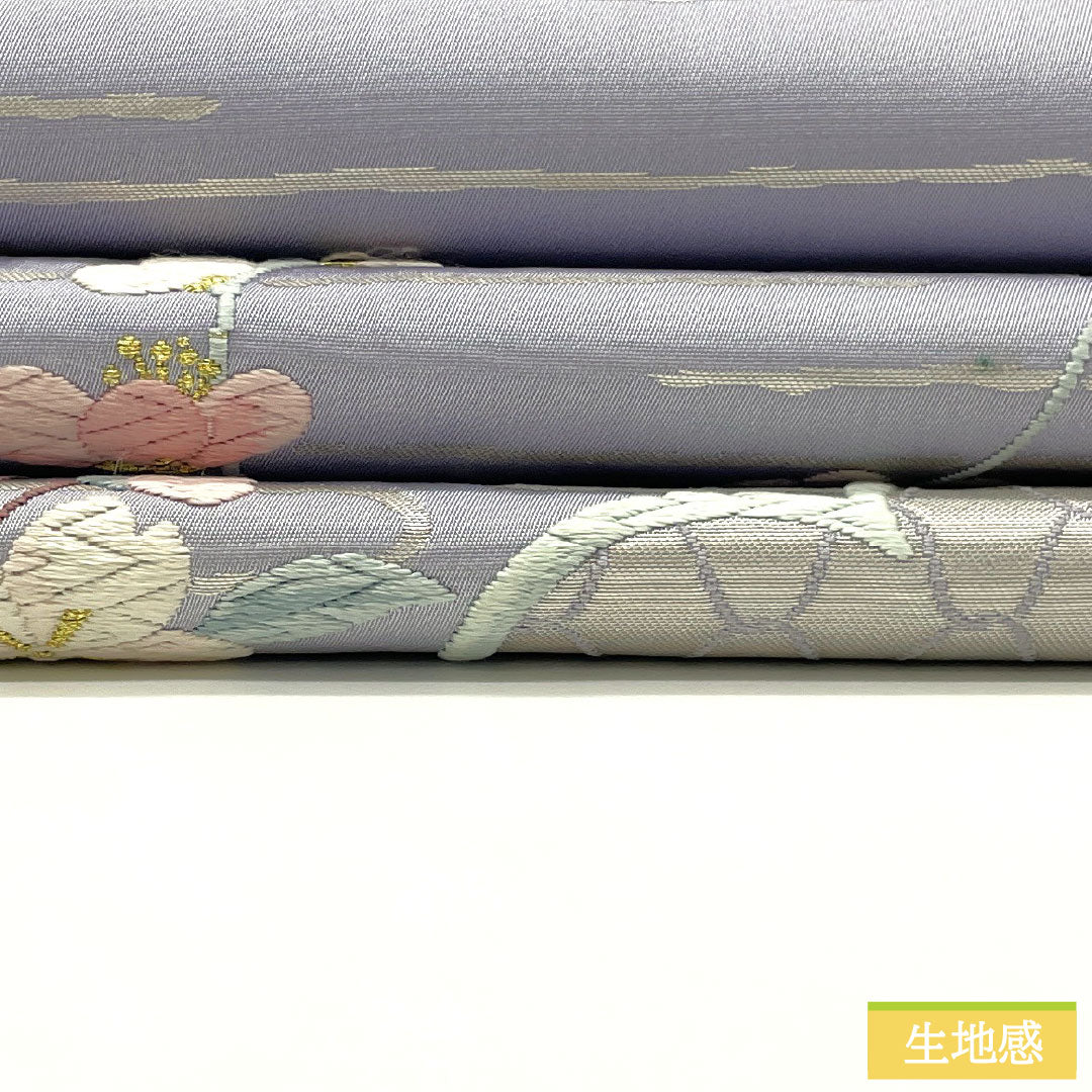 袋帯 正絹 Aランク 白藤色（しらふじいろ） 唐織 桜 梅  帯丈424cm ポイント柄 フォーマル 紫系 1123016073320