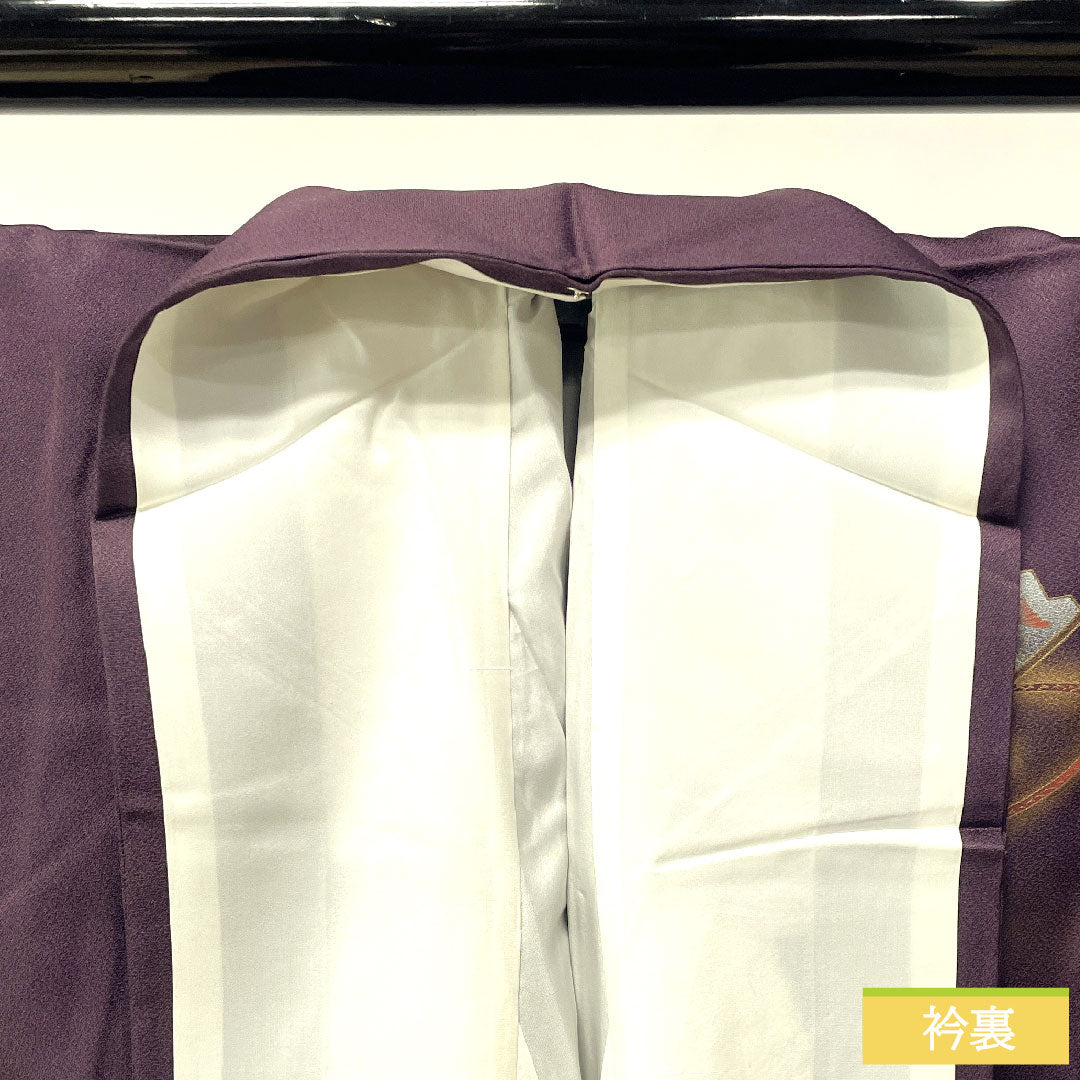 Homongi, pure silk, lined, length 160cm, sleeve length 64cm, purple, Kyoto Yuzen, fan, auspicious motif, S rank, purple, 1112004282420
