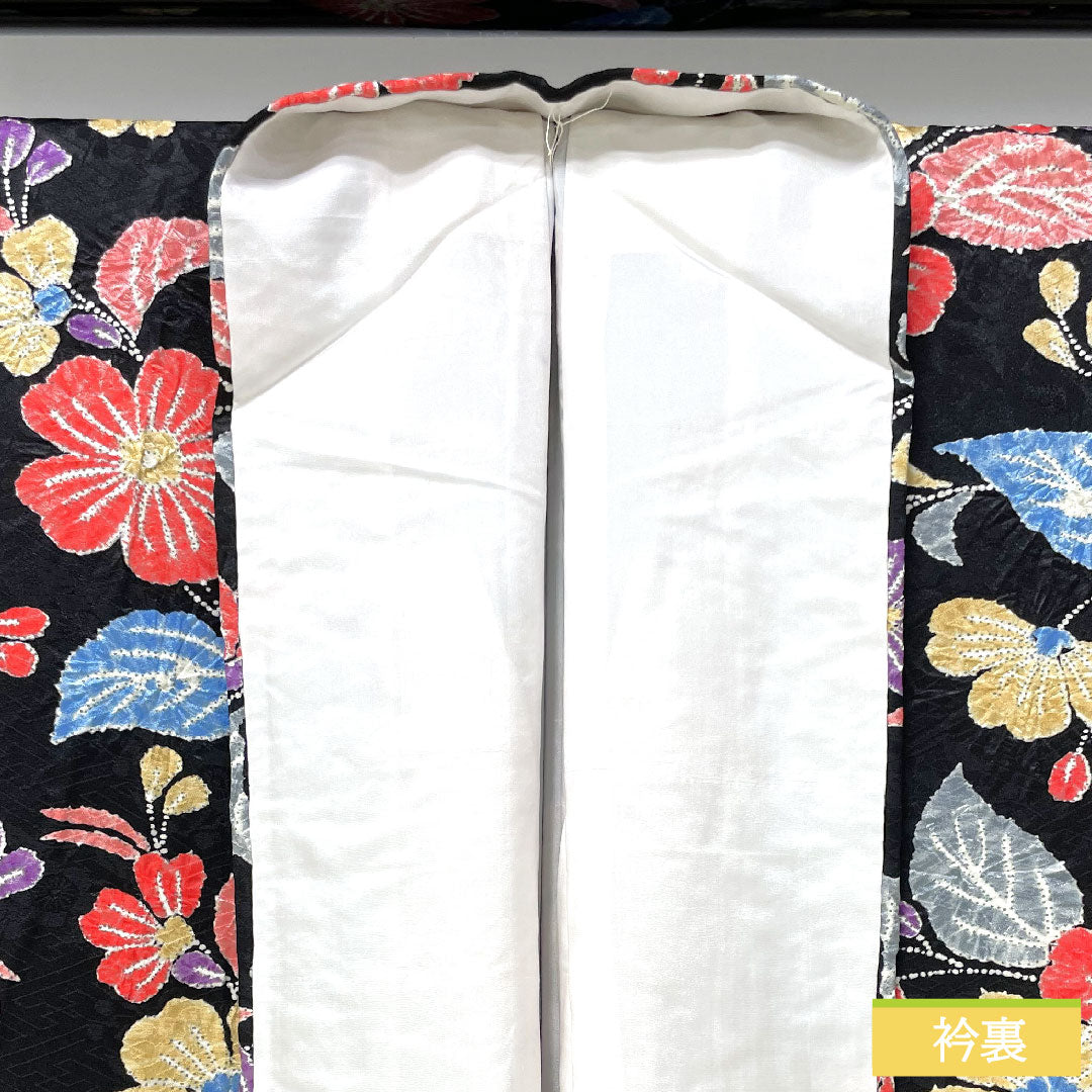 Komon, pure silk, length 165.5cm, sleeve length 67cm, lined, tie-dye, floral pattern, S rank, black, 1115004472510