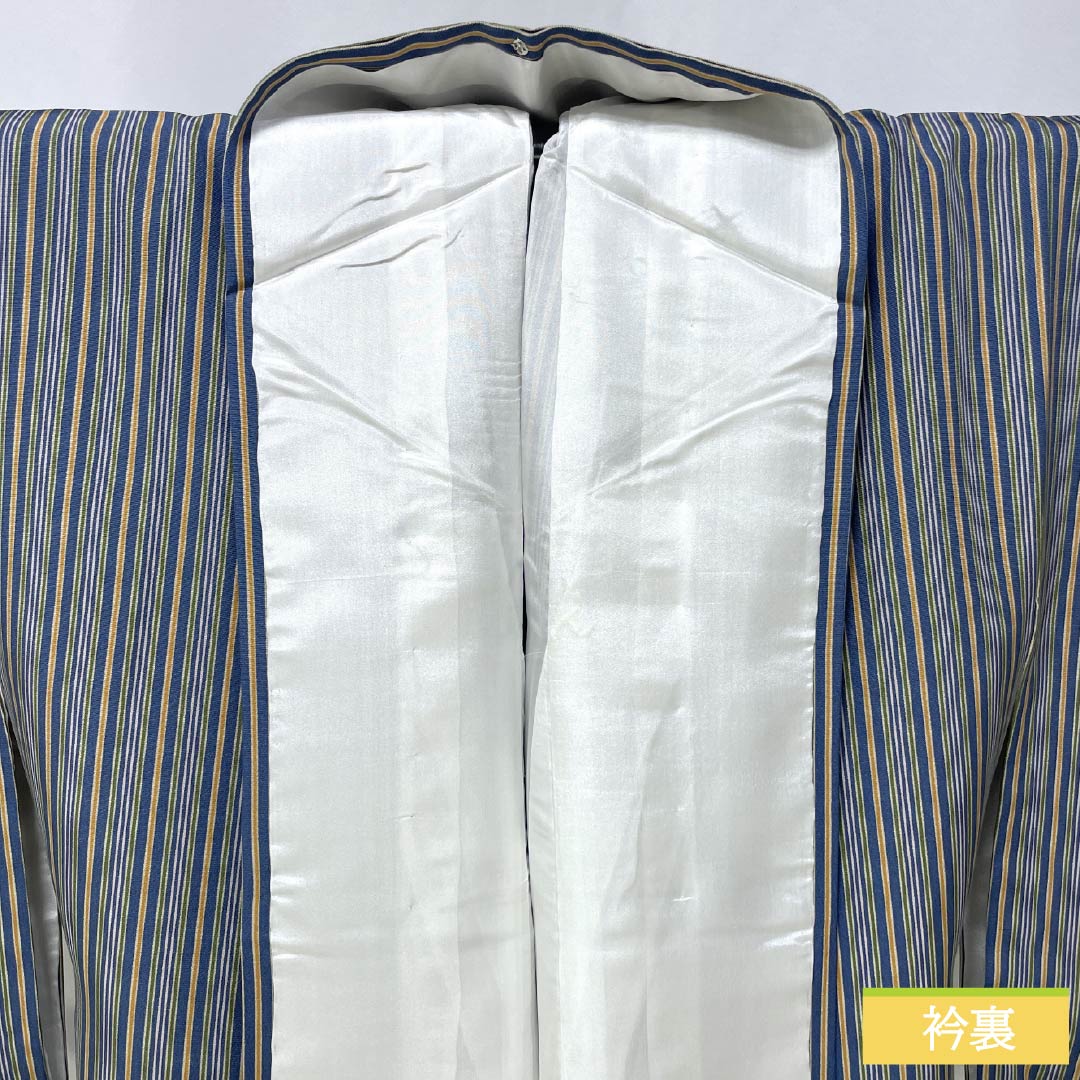 Komon silk S-rank kimono, length 156.5cm, sleeve length 63cm, lined, gosu-iro (blue-green) vertical stripes, blue-based design, product number 1115006642317