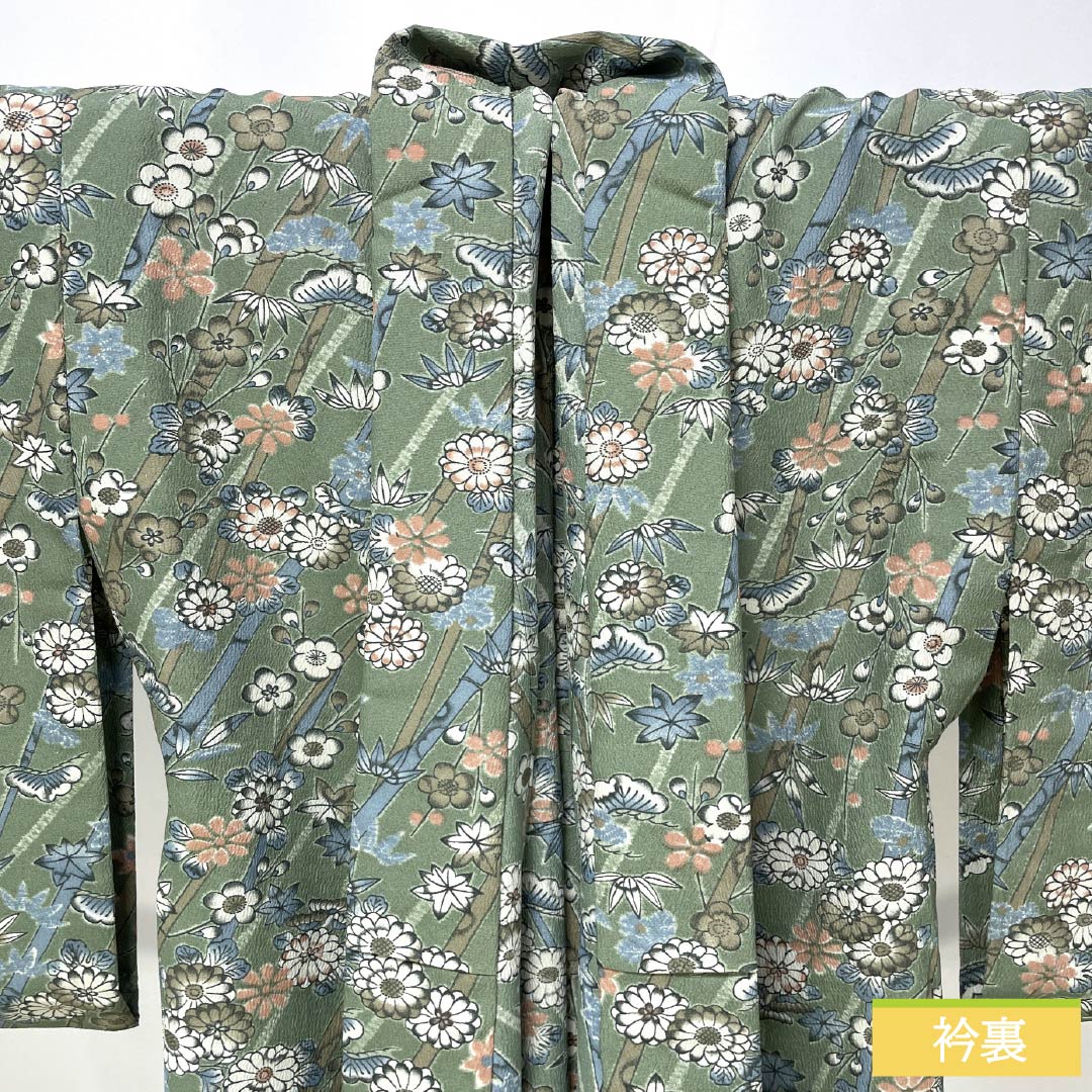 Polyester Komon, S Rank, Length 160cm, Yuki 62cm, Unlined, Ash Green, Stencil-dyed, Pine, Bamboo, Plum, Small Flowers, Washable Kimono, Green Tones, 1115007792419