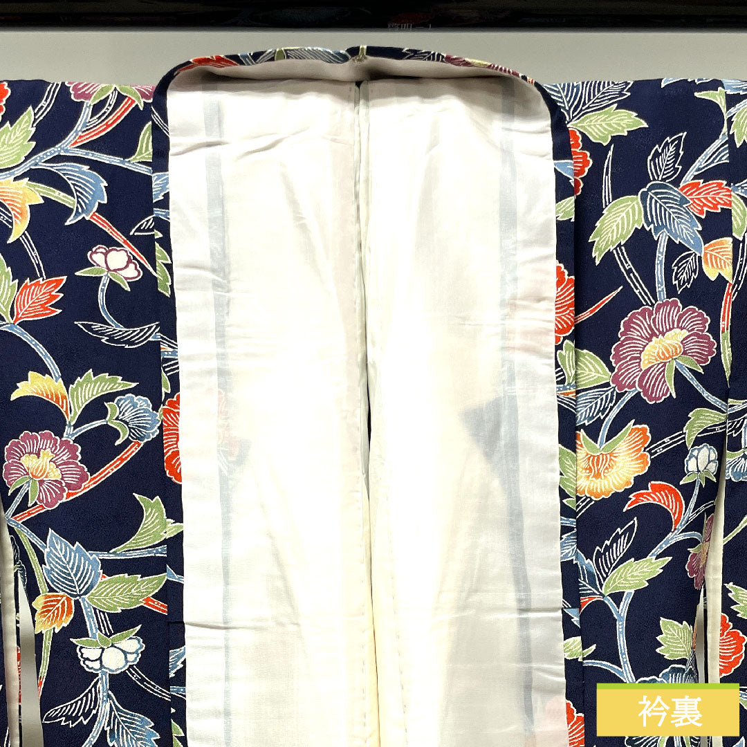 小紋 正絹 身丈155cm 裄丈62.5cm 袷  紺桔梗色 京紅型 草花模様  Bランク 紺系 1115003784318