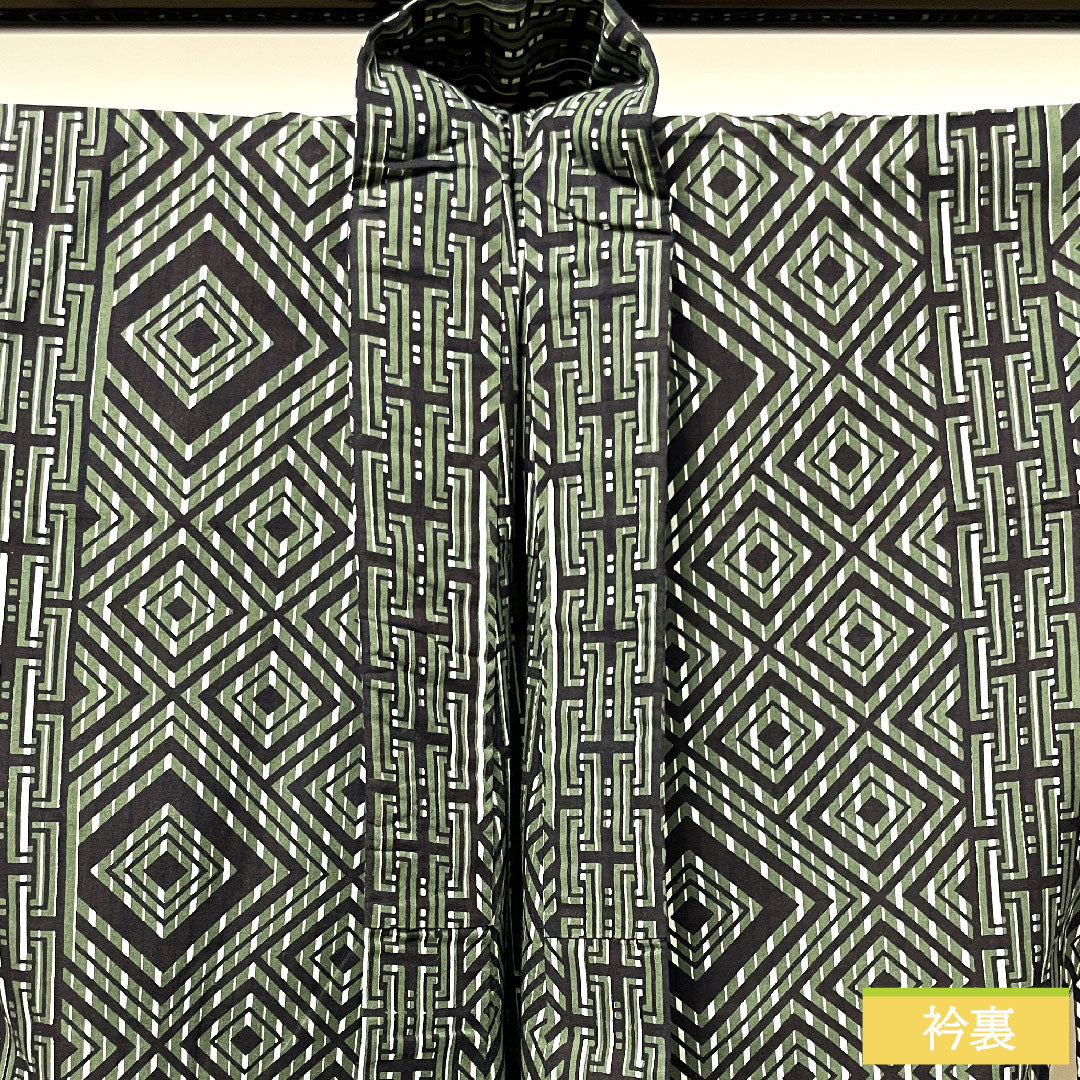 Yukata, cotton, length 153.5cm, sleeve length 73cm, S rank, single layer, green, Shimamatsunezuiro, men's, geometric pattern, Kansai Yamamoto, 1118004902519