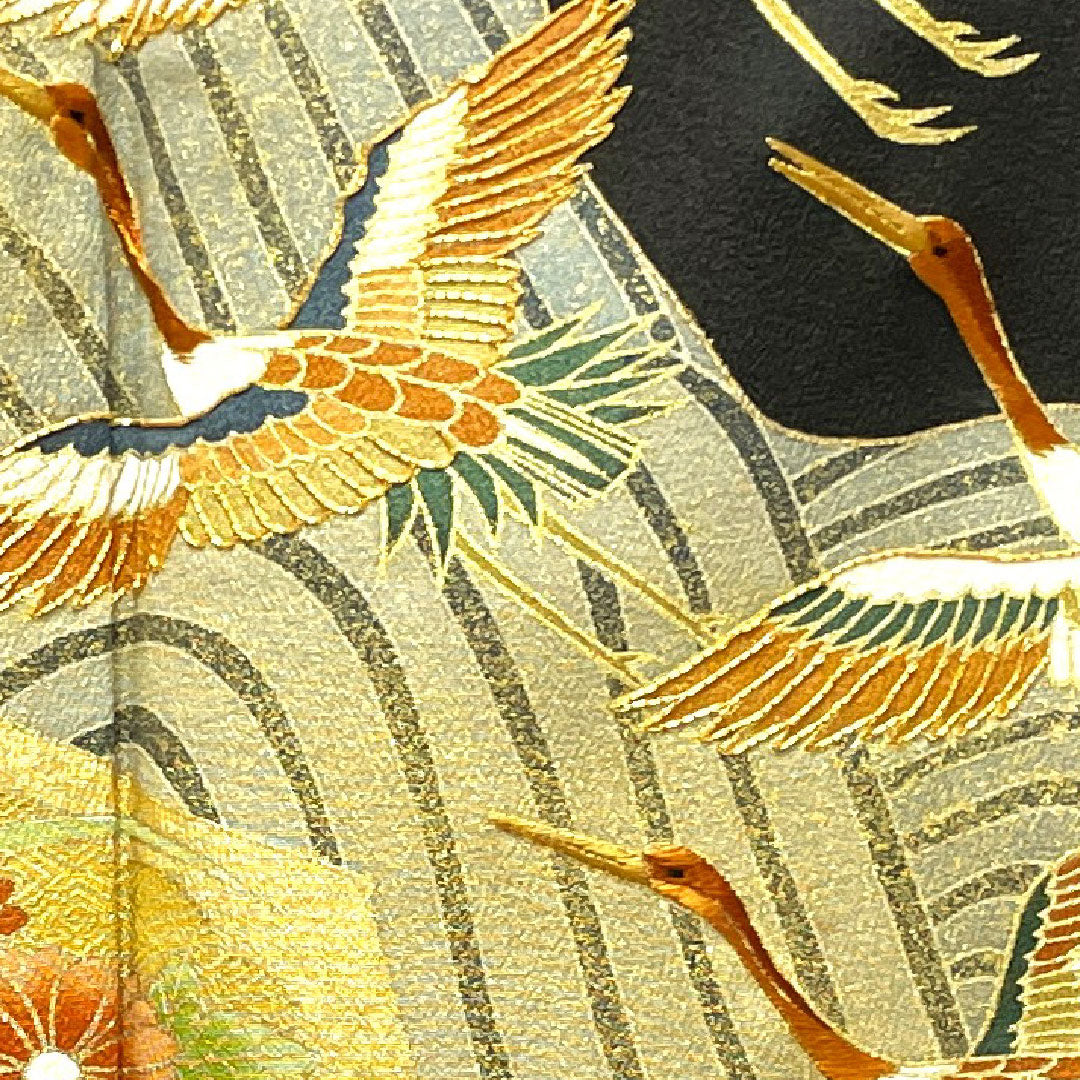 黒留袖 身丈156cm 裄丈60.5cm 袷 京友禅 鶴 糸輪に覗き梅鉢 正絹 Aランク 五つ紋 黒系 1111000723310