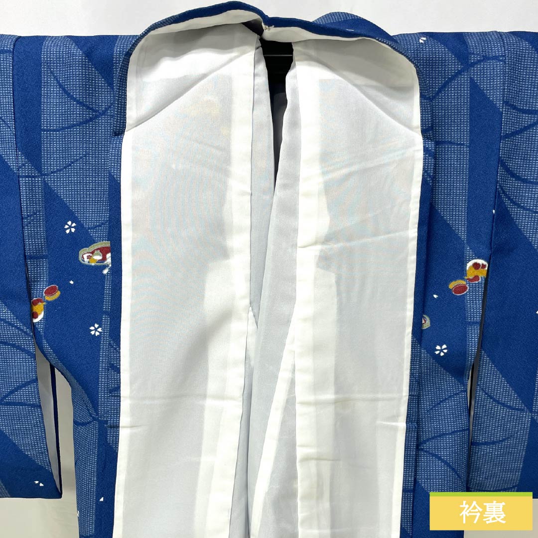 小紋 ポリエステル 身丈166cm 裄丈67cm 袷 紺青色（こんじょういろ） レトロ模様 洗える着物 Sランク 青系 1115005922517