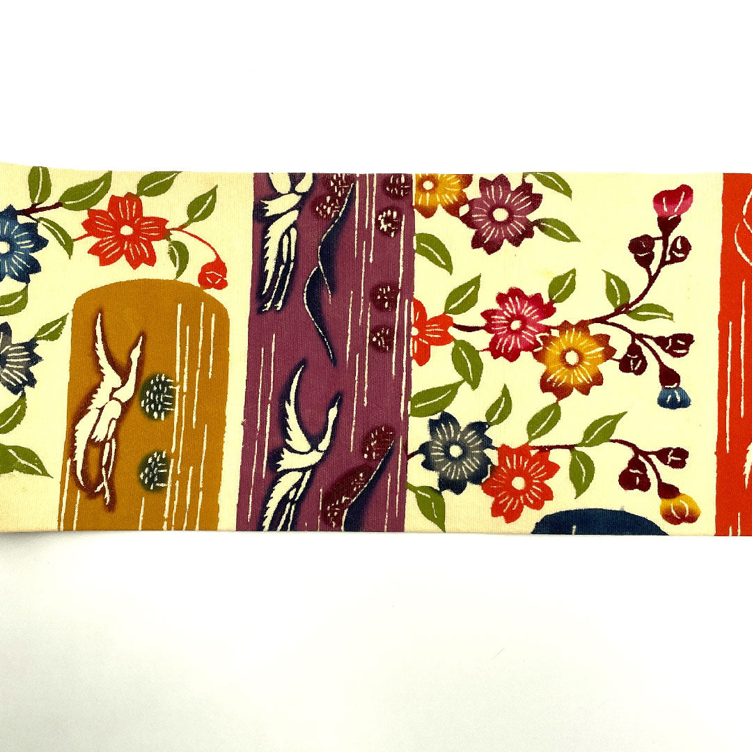 名古屋帯 型染 群鶴に枝花模様 単衣 帯丈311cm 正絹 Bランク 全通 カジュアル クリーム系 1124001404315  名古屋仕立て