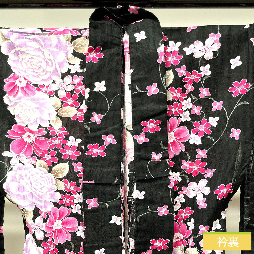 Yukata Cotton Length 165.5cm Sleeve length 64.5cm S rank Single layer Black Rose Cherry blossom 1118004512510