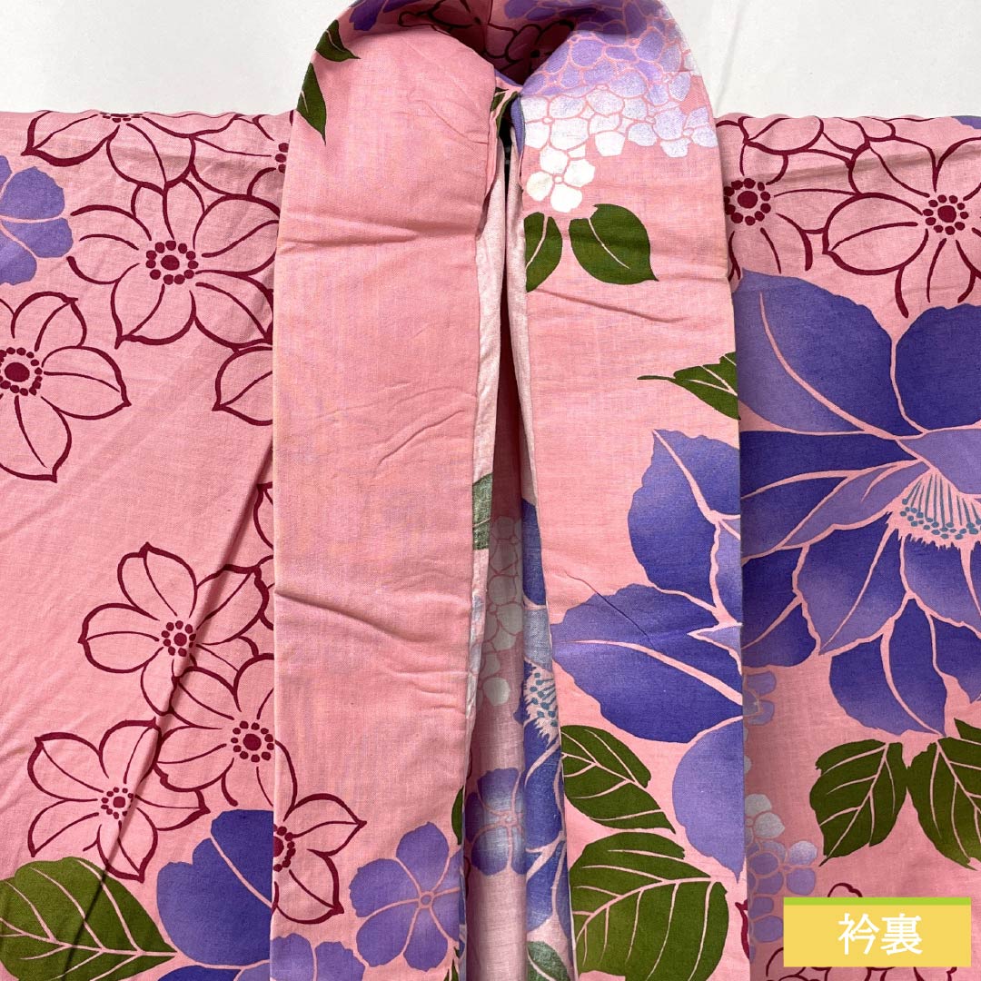 浴衣 木綿 身丈163cm 裄丈65cm Sランク 単衣 ピンク系 中紅花色（なかのくれないいろ） 花 1118006572413