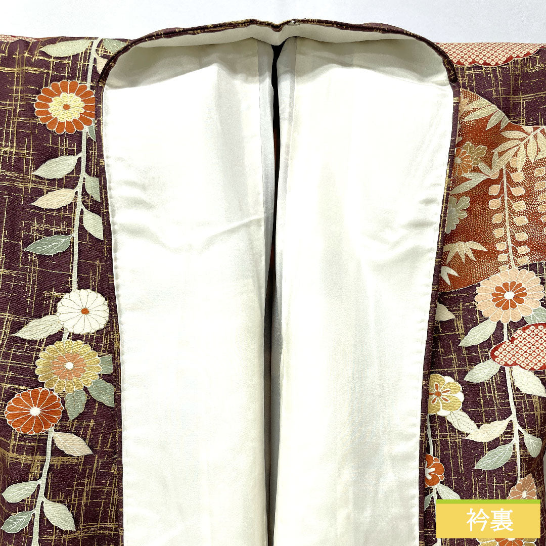 Homongi, pure silk, lined, length 170.5cm, sleeve length 63.5cm, black and red plum color, Kyoto Yuzen, pine, bamboo, plum, chrysanthemum, S rank, brown, 1112004982614