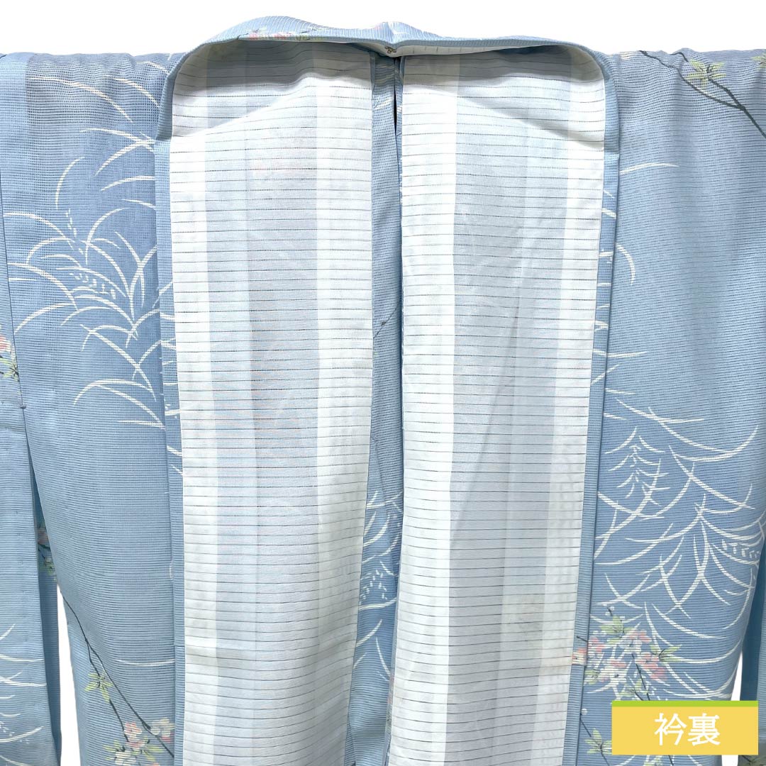 夏物 ポリエステル 小紋 Sランク 身丈163cm 裄丈65.5cm 蟹鳥染色（かにとりぞめいろ） 洗える着物 草花模様 絽 水色系 1132005982424