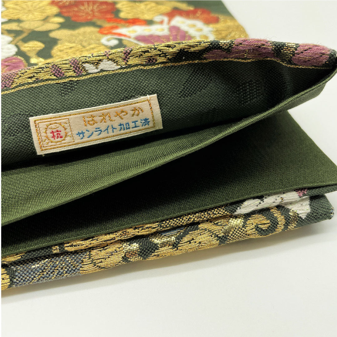 袋帯 革色（かわいろ） 振袖用 蝶 桜 帯丈438cm 正絹 Aランク 六通 フォーマル 緑系 1123005003319