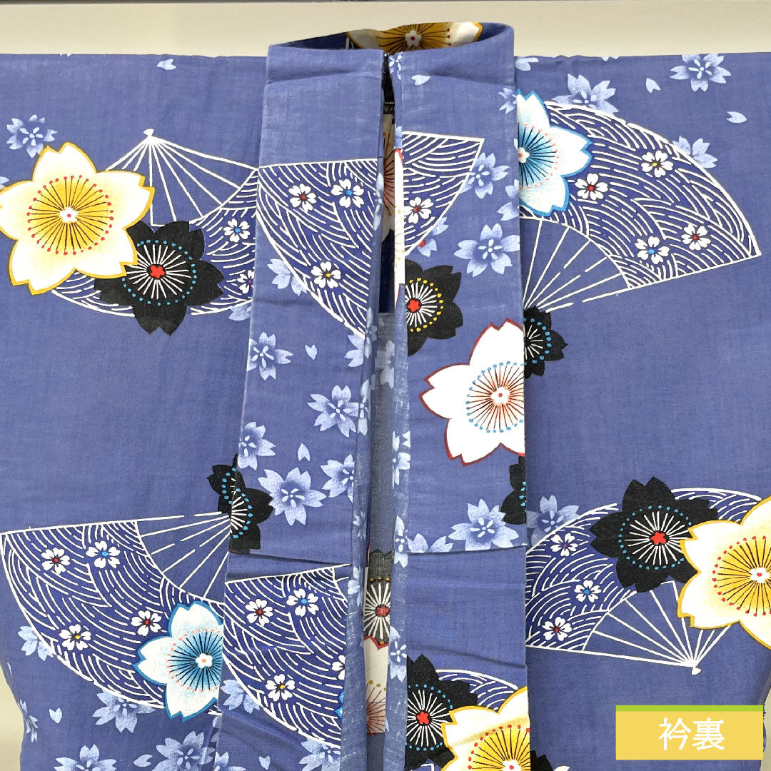 浴衣 木綿 身丈160cm 裄丈64cm Sランク 単衣 青系 江戸納戸色（えどなんどいろ） 桜 扇子 1118005192417