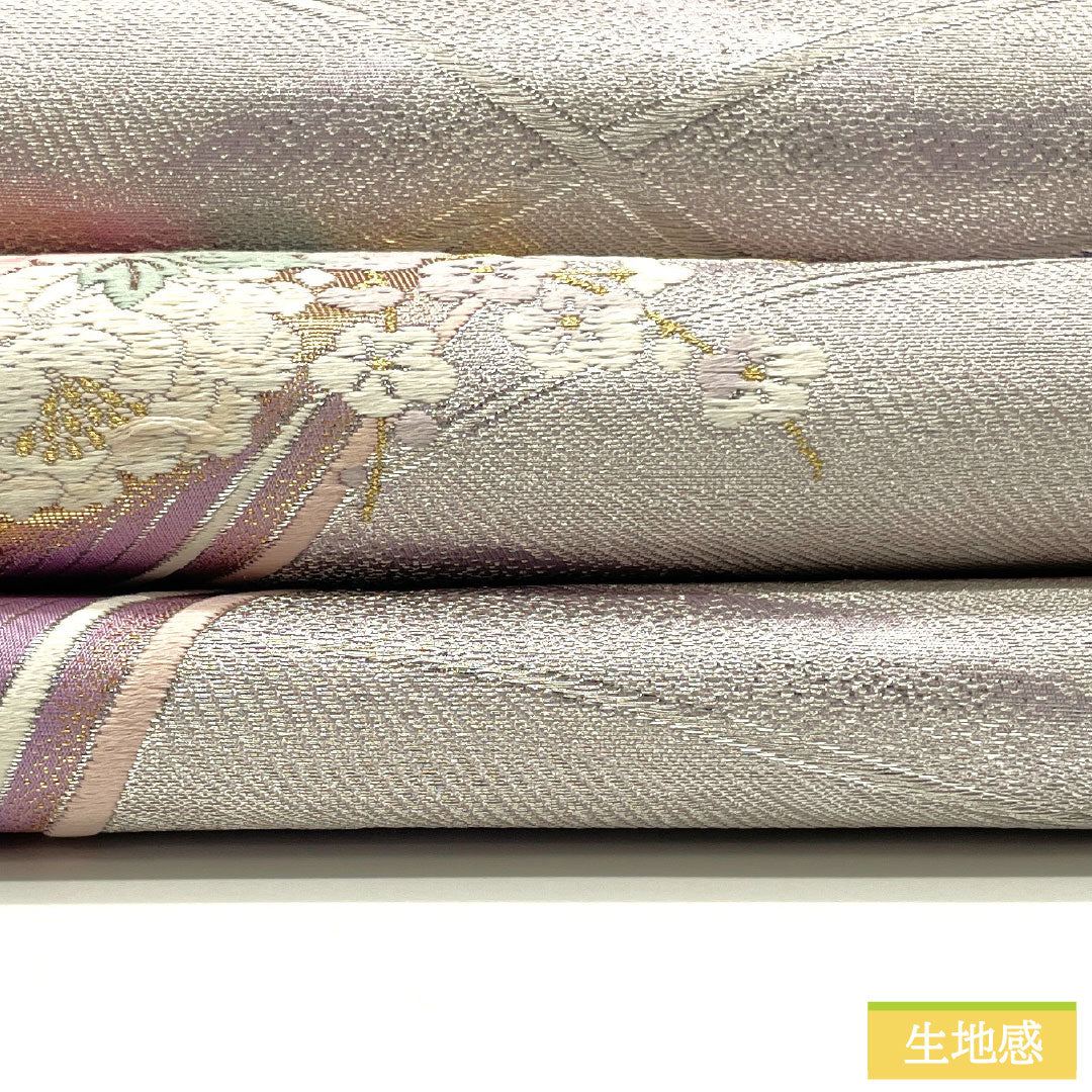 袋帯 正絹 Aランク 花柄 西陣織 帯丈432cm 六通 フォーマル 銀系 1123016643322