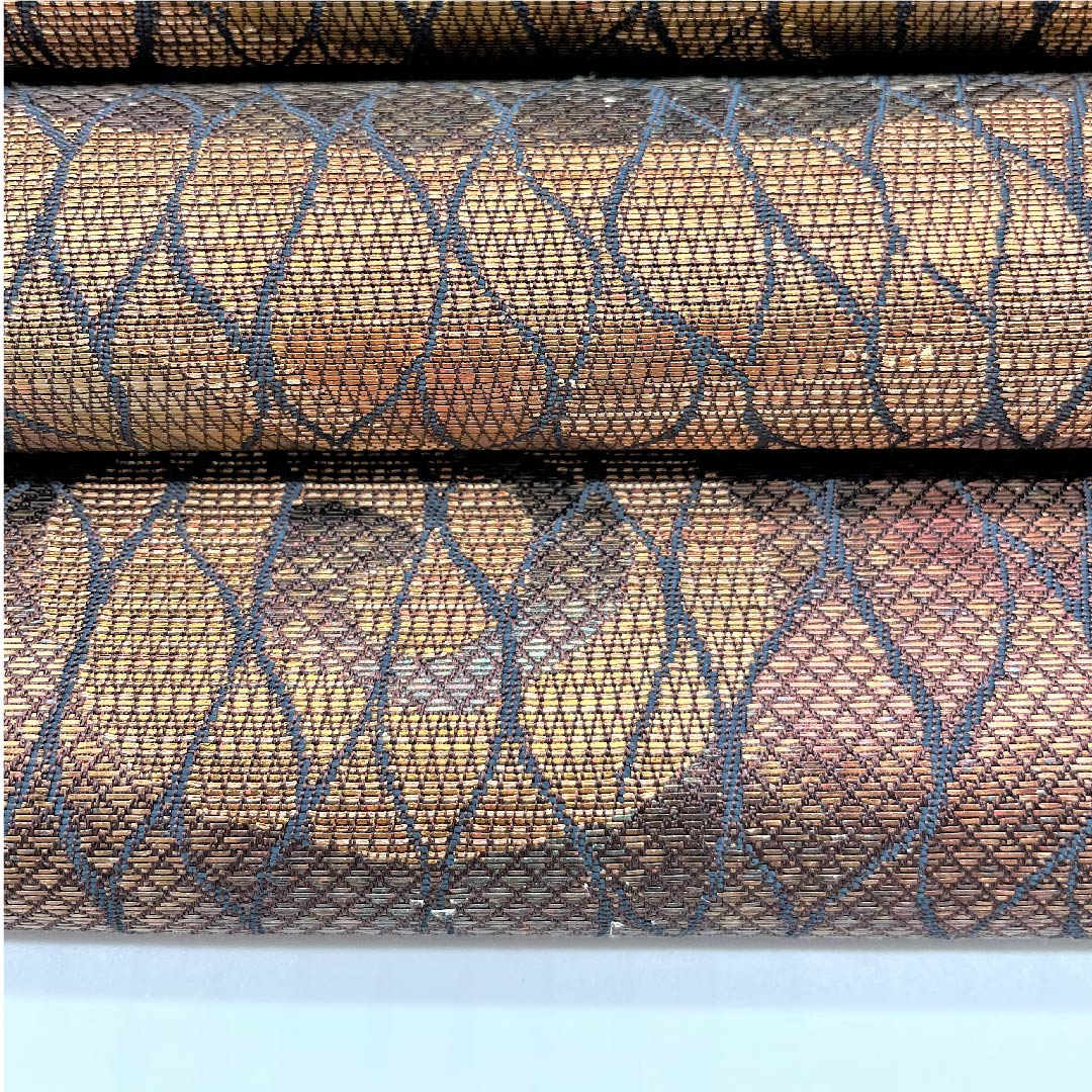 袋帯 紅鬱金色（べにうこんいろ） 幾何学模様 箔 帯丈456cm 正絹 Aランク 六通 カジュアル 茶系 1123005493414