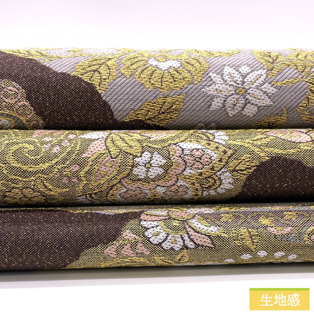 袋帯 正絹 鉄黒色（てつぐろいろ） 留袖用 華紋 花唐草 帯丈430cm Sランク 六通 フォーマル 茶系 1123014022314