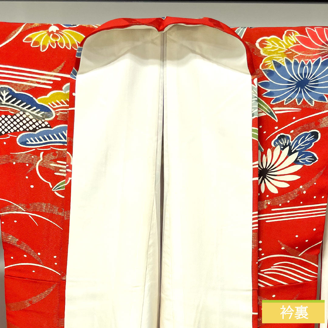 振袖 正絹 身丈160cm 裄丈62.5cm 袷 土耳古赤色（とるこあかいろ） 金通し 露芝 草花模様 Aランク 赤系 1113002043412