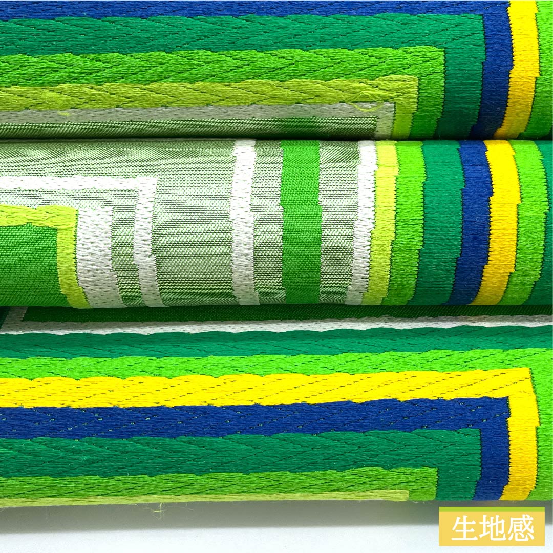 袋帯 黄緑色（きみどりいろ） 幾何学模様 帯丈418cm 正絹 Aランク 六通 フォーマル 緑系 1123010043319