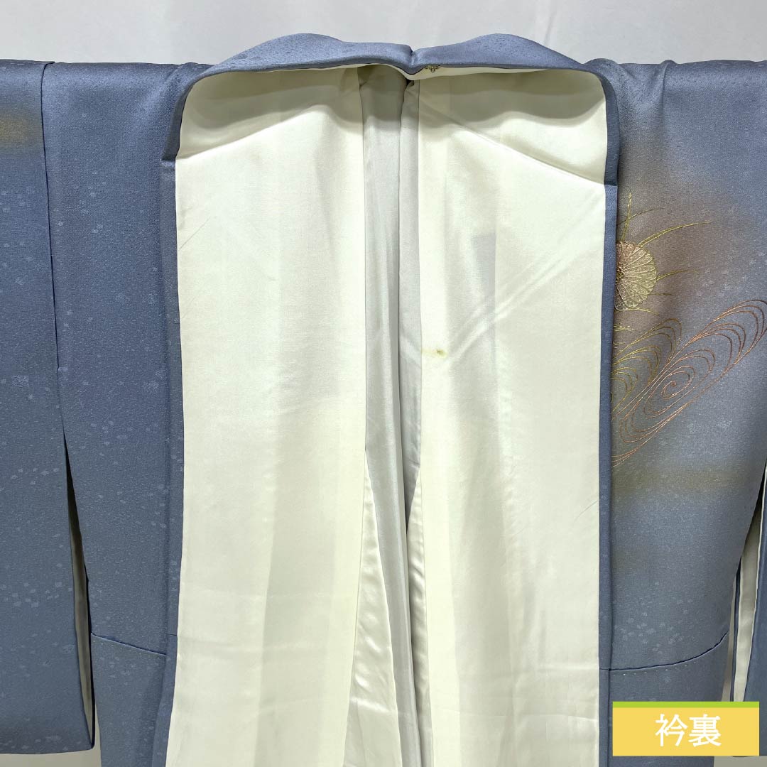 Homongi Silk B-Rank Awase (lined kimono) Length 164.5cm, Sleeve-to-sleeve 64cm Forget-me-not color. Tsukesage by Kosei Wada, Gold-embossed Yuzen, Flowing Water and Plants, Blue system. 1112007784417