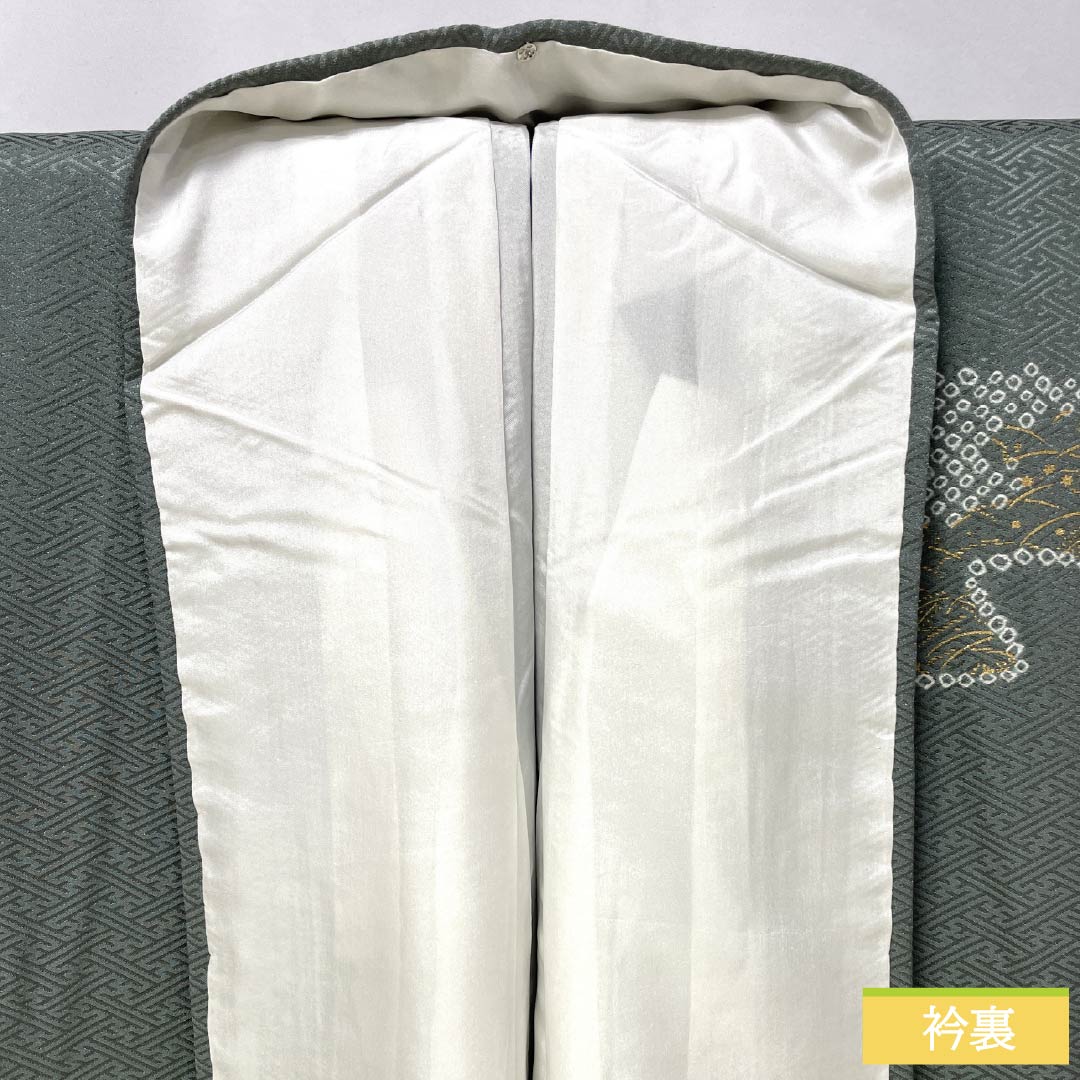 Visiting Kimono (Homongi) - Pure Silk, S-Rank, Lined, Length 153.5cm, Sleeve Length 62.5cm, Fukagawa Nezuiro (Fukagawa Gray), Shibori (Dyed Tie), Suzhou Embroidery, Saaya Pattern, Flowing Water, Small Flowers, Green, Product Number: 1112007112219