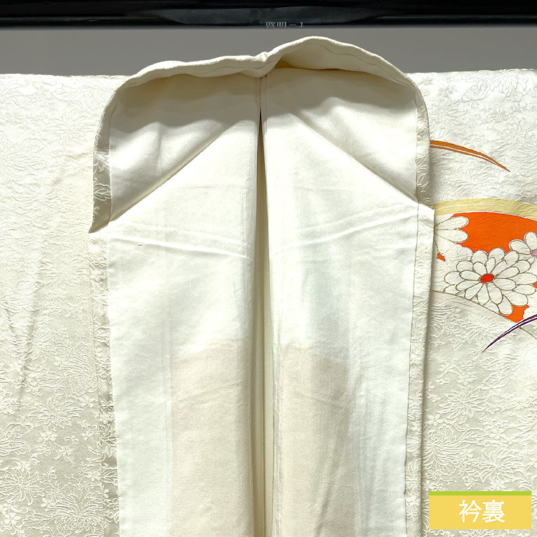 訪問着 正絹 袷 身丈162.5cm 裄丈63.5cm 乳白色 京友禅 扇面 草花模様 しつけ糸付き 未使用品 Sランク クリーム系 1112003412415