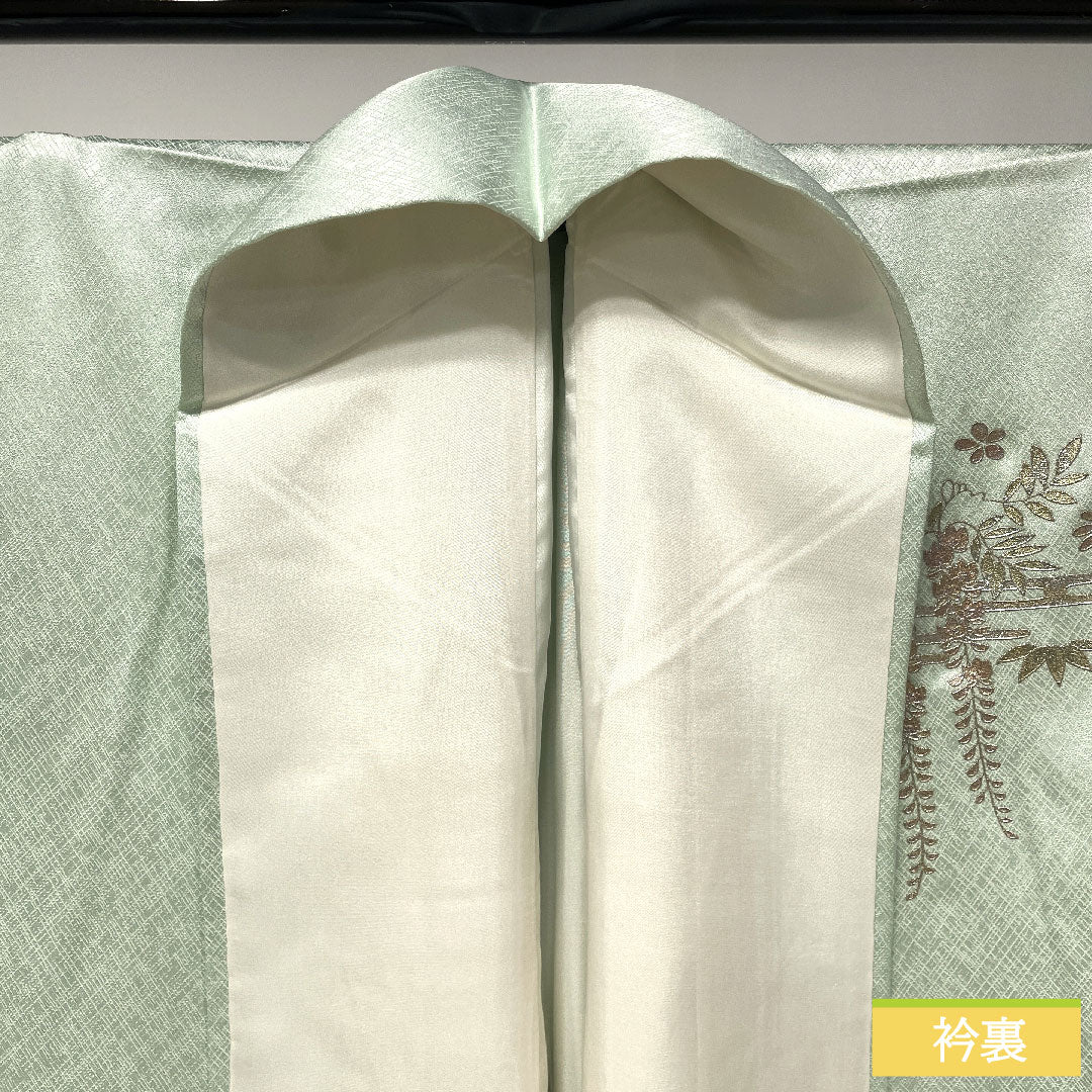 Homongi, pure silk, lined, length 155.5cm, sleeve length 63.5cm, white-green, gold-colored yuzen, pine, wisteria, shell bucket, S rank, green, 1112004902319
