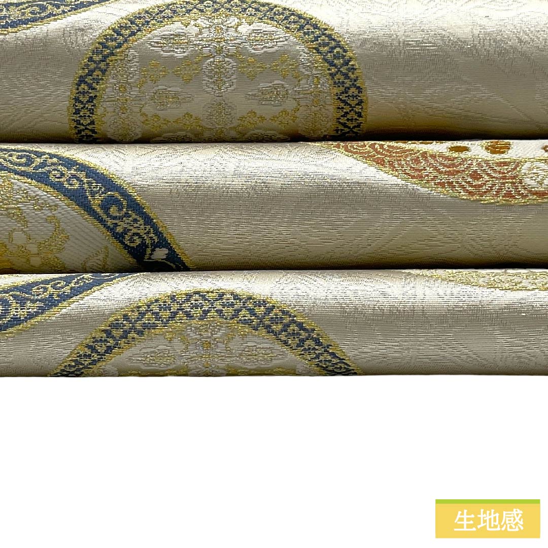 【未仕立】袋帯 正絹 NEWランク 織匠小平 西陣織 葛の葉 芒に丸紋 平康 帯丈441cm 六通 フォーマル 銀系 1123018131322