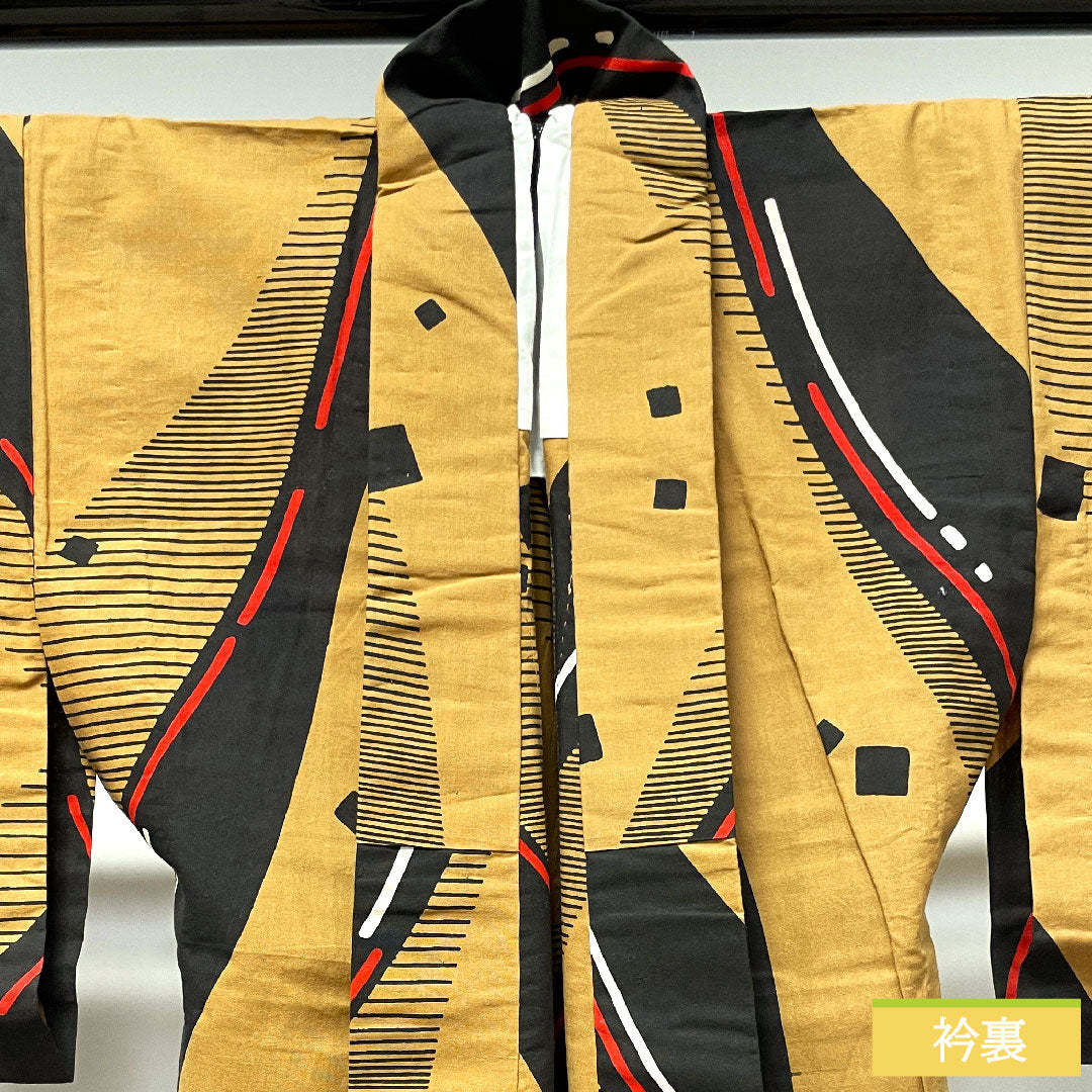 Yukata Cotton Length 163.5cm Sleeve length 62.5cm A rank Single layer Brown Fox color Geometric pattern 1118004843414