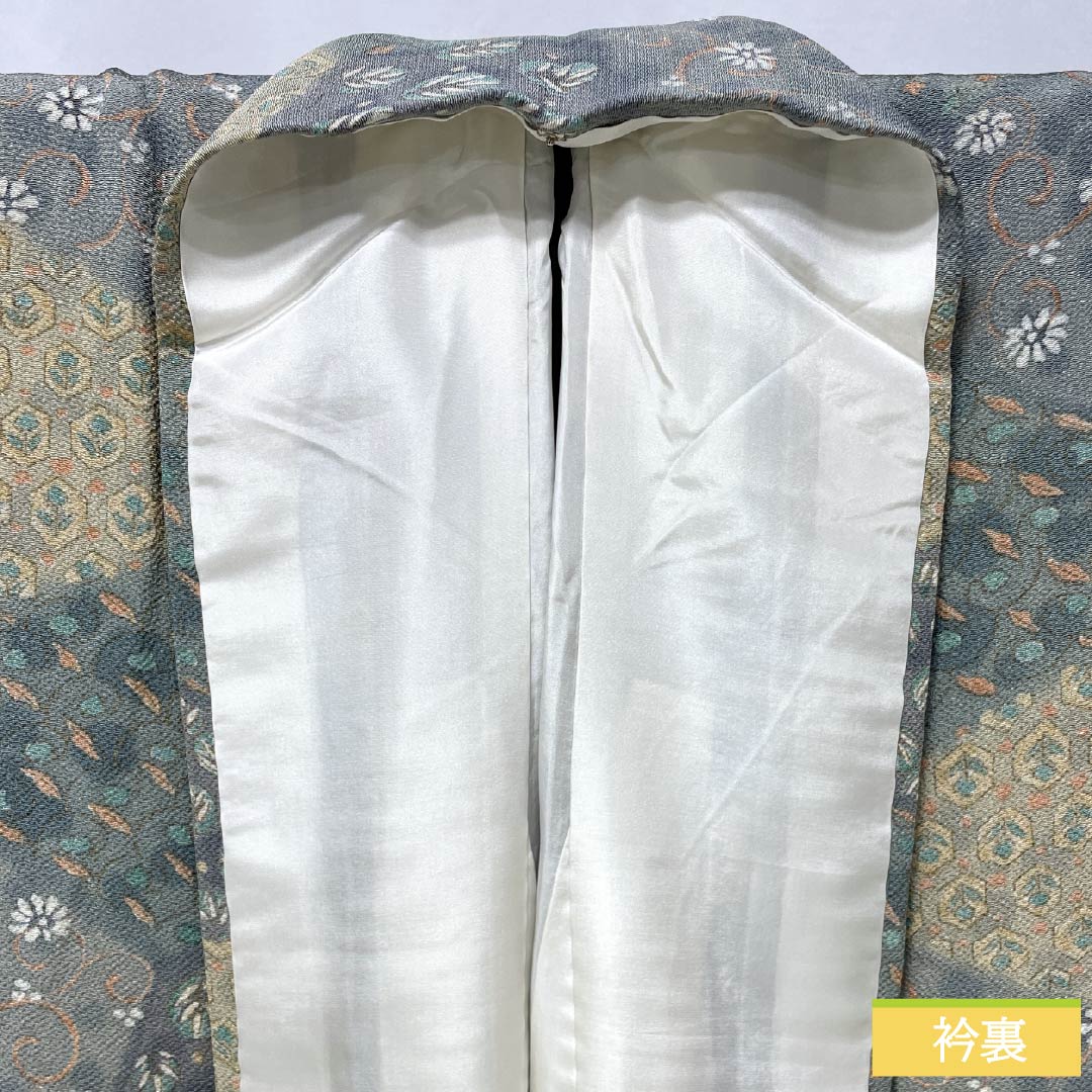 Komon silk S-rank kimono, length 159cm, sleeve length 64cm, lined, Rikyu gray (Rikyu Nezumiiro) crepe fabric, split, chintz, stencil dyed, green, 1115006522319
