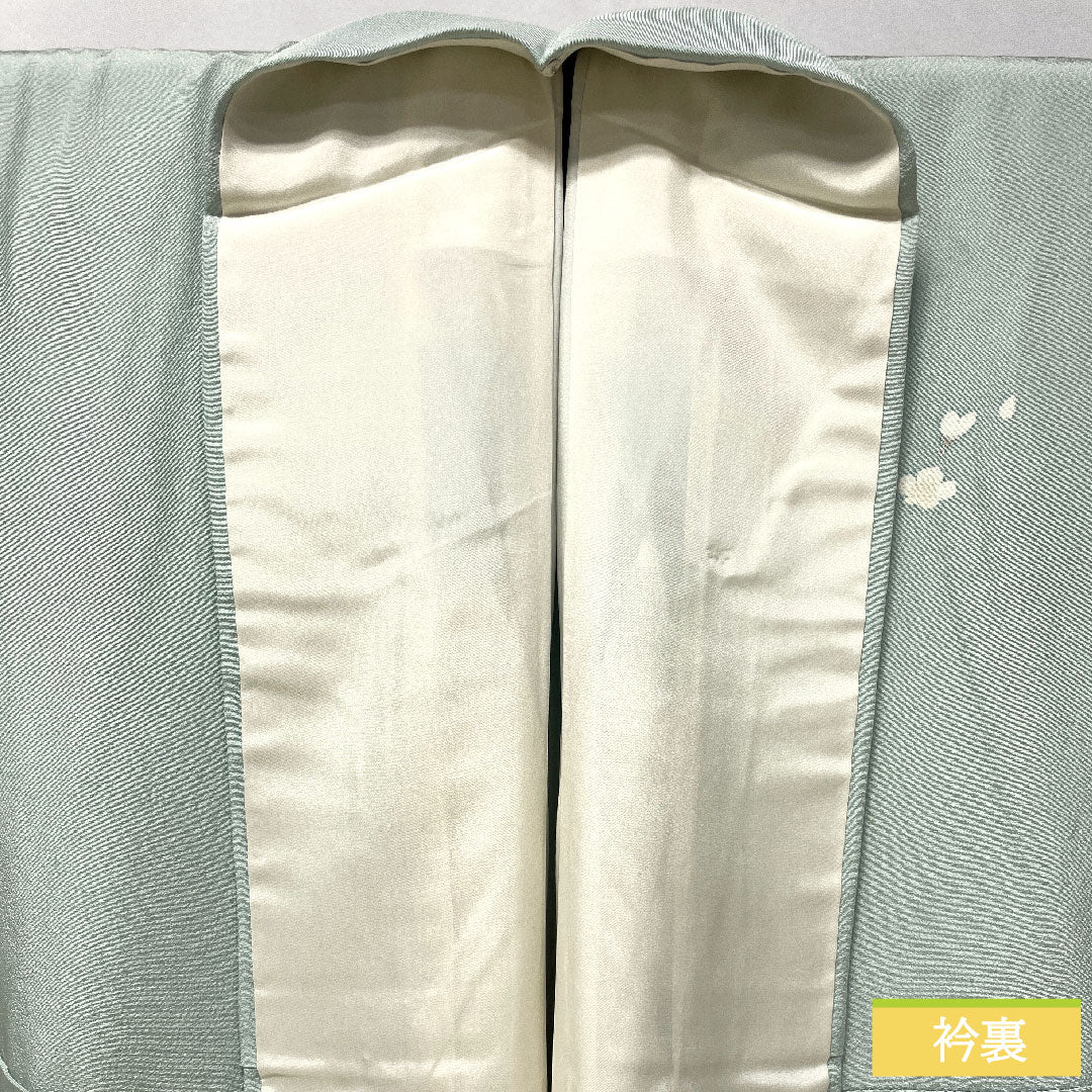 訪問着 正絹 袷 身丈153cm 裄丈65.5cm 秘色（ひそく） 京友禅 桜 椿 菊 スーパーガード加工 Aランク 水色系 1112005503224
