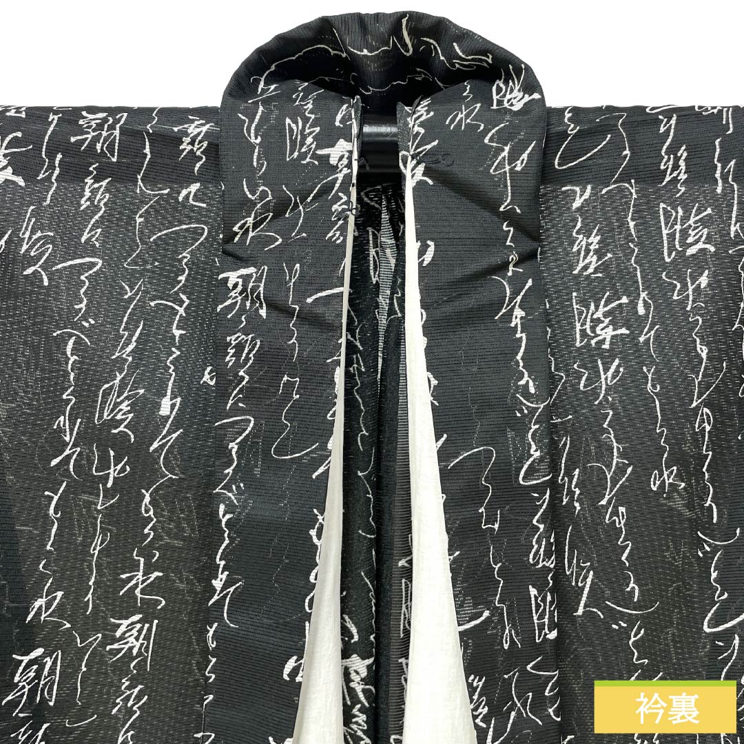 夏物 ポリエステル 小紋 Sランク 身丈158cm 裄丈62.5cm 洗える着物 加賀千代女 俳句 絽 黒系 1132007062310