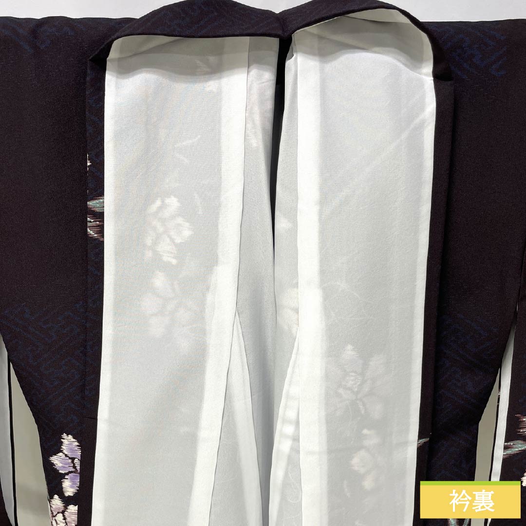 小紋 ポリエステル 身丈168.5cm 裄丈65cm 袷 紗綾形 花 洗える着物 Sランク 黒系 1115005952510