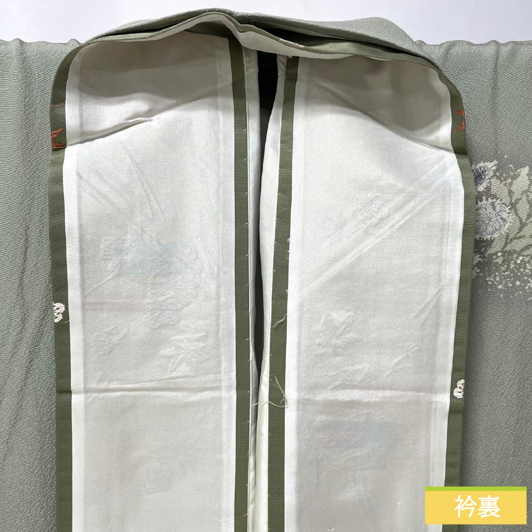 訪問着 正絹 Aランク 袷 身丈163cm 裄丈65.5cm 龍泉青瓷釉色（ロンチュエンチンツーユースーいろ） 京友禅 一つ紋 丸に梅鉢 縫い紋 辻ヶ花 緑系 1112006413419