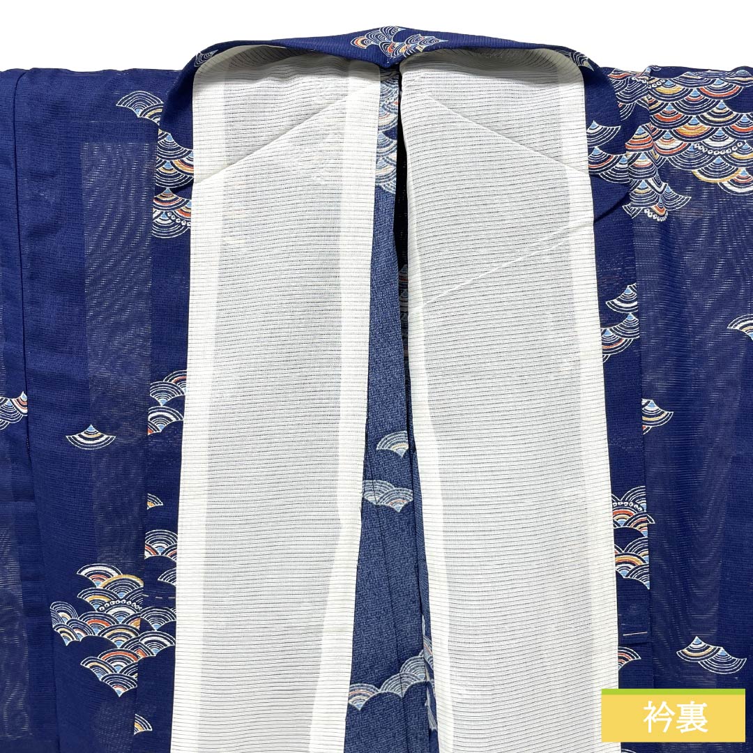 夏物 ポリエステル 小紋 Sランク 身丈152.5cm 裄丈64cm 紺桔梗色（こんききょういろ） 洗える着物 青海波 絽 紺系 1132007082218