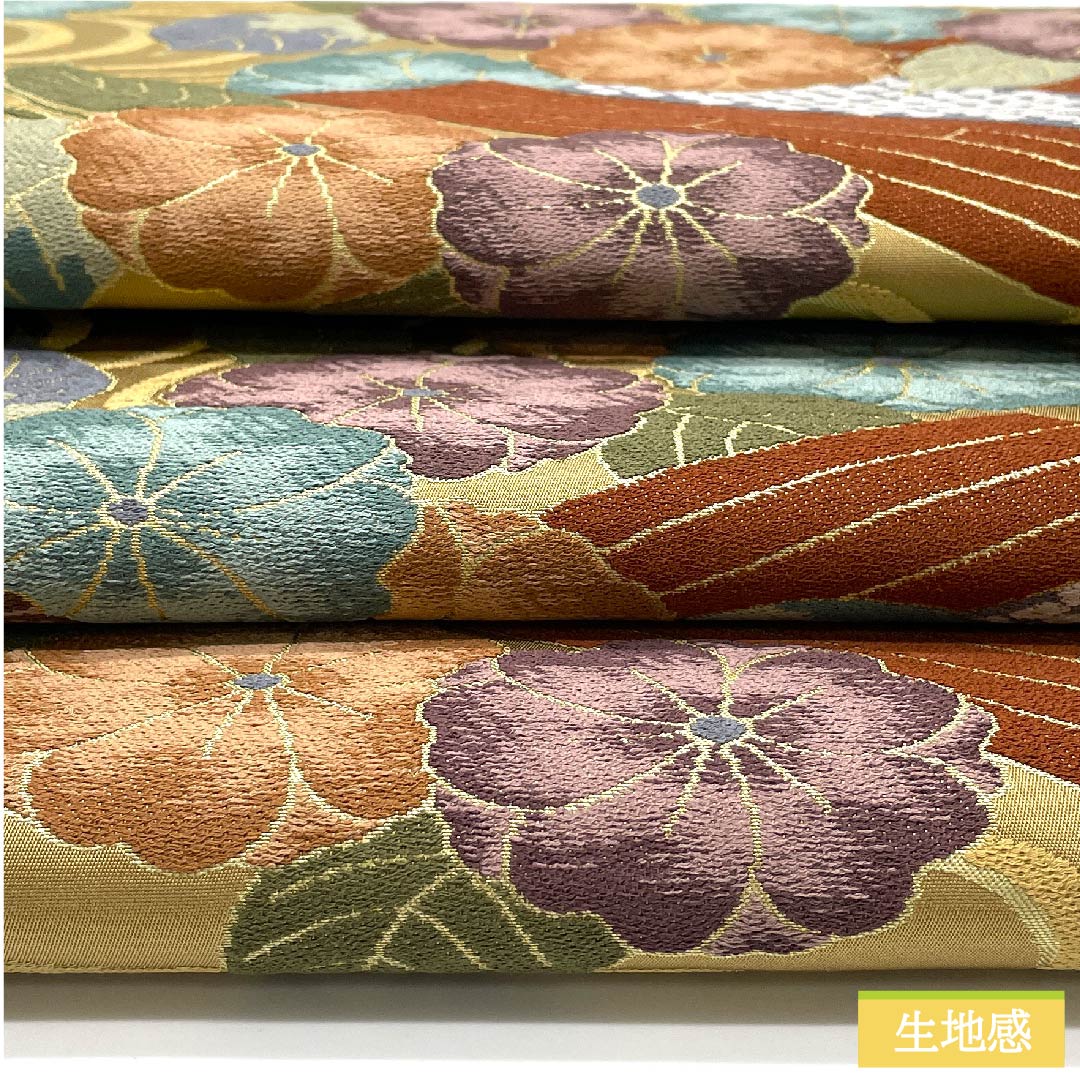 袋帯 正絹 山吹鼠色（やまぶきねずいろ） 紅葉 白綾苑大庭 古典柄 花柄 帯丈433cm Sランク 六通 フォーマル ベージュ系 1123011322325