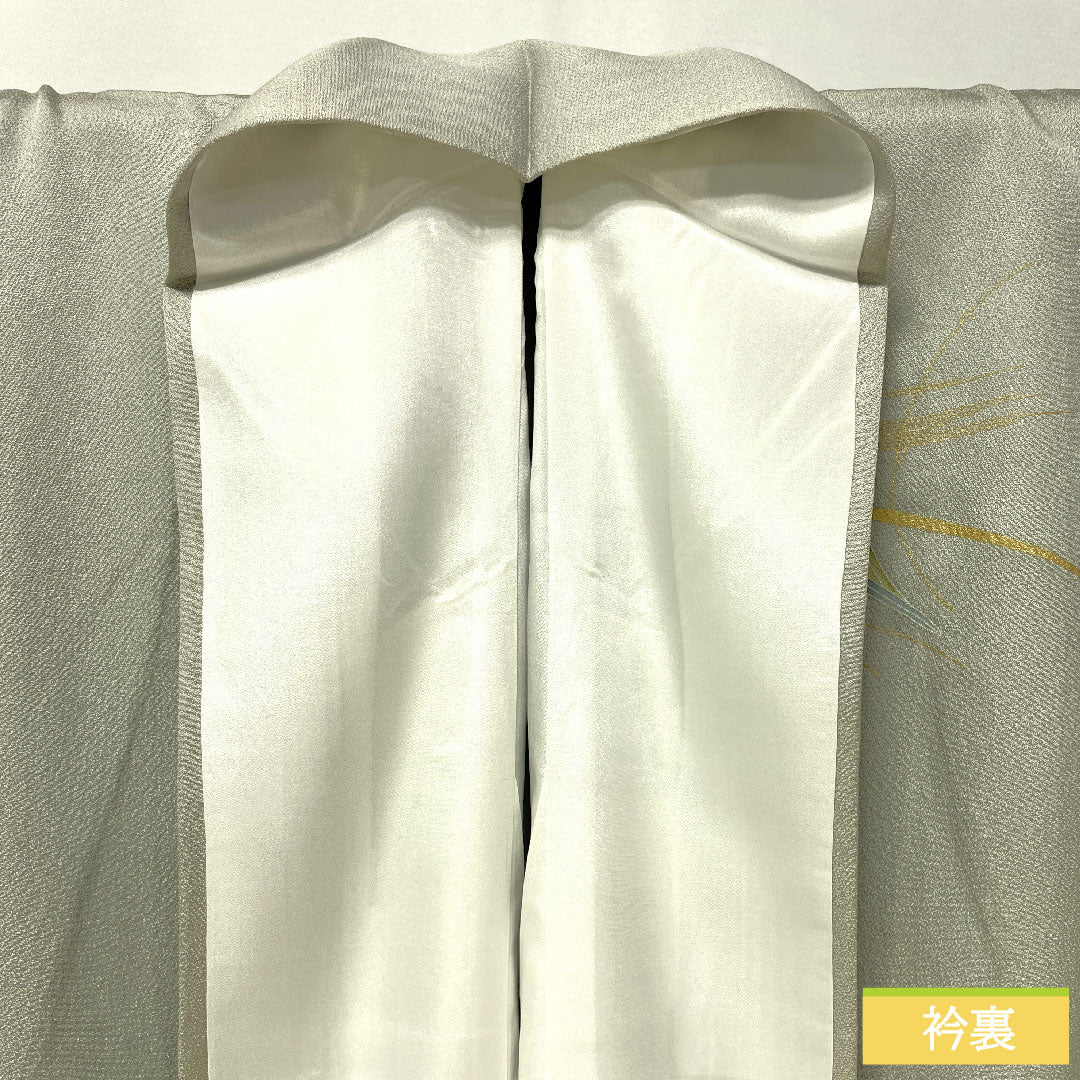 Homongi, pure silk, lined, length 167cm, sleeve length 62.5cm, white-green, Kyo-Yuzen, fan, dew grass, B rank, green, 1112004934519