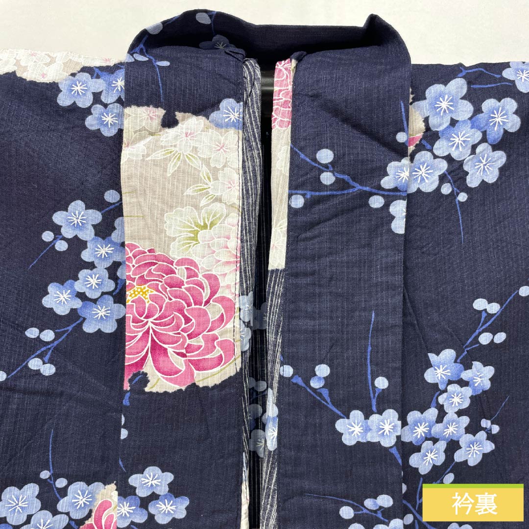 Yukata Cotton Length 161cm Sleeve length 68cm S rank Single layer Navy Deep navy blue Snowflake Flower pattern 1118005492418