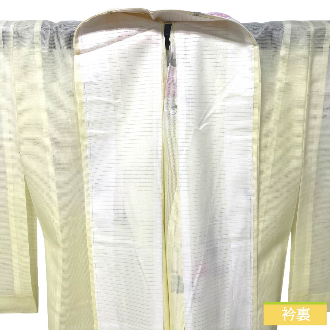 夏物 ポリエステル 小紋 Aランク 身丈153cm 裄丈62cm 淡黄色（たんこうしょく） 草花模様 洗える着物 絽 黄系 1132005283223