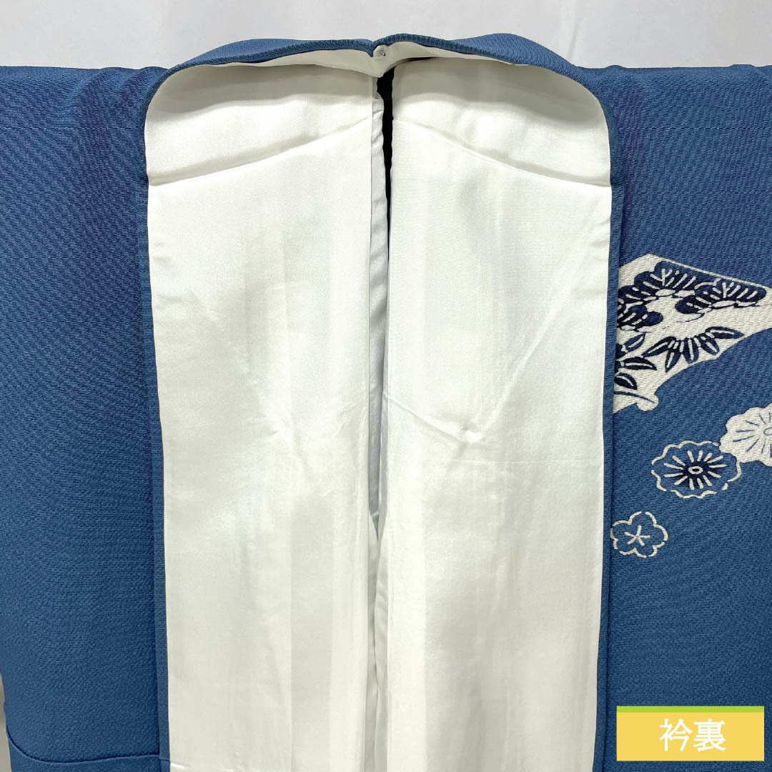 訪問着 正絹 Sランク 袷 身丈166.5cm 裄丈69cm 裏色（うらいろ） 藍型 浜ちりめん 風景模様 しつけ糸付き ソフトガード加工 青系 1112007692517