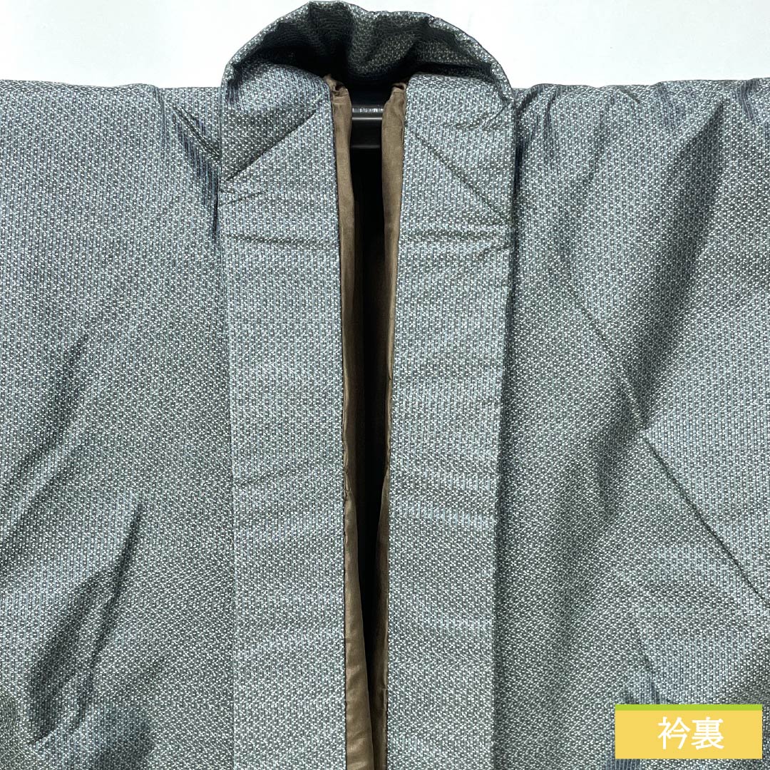 男物 正絹 Sランク 身丈142.5cm 裄丈65.5cm  黒橡色（くろつるばみいろ） 縞 絣 大島紬 袷 緑系 1119001172419