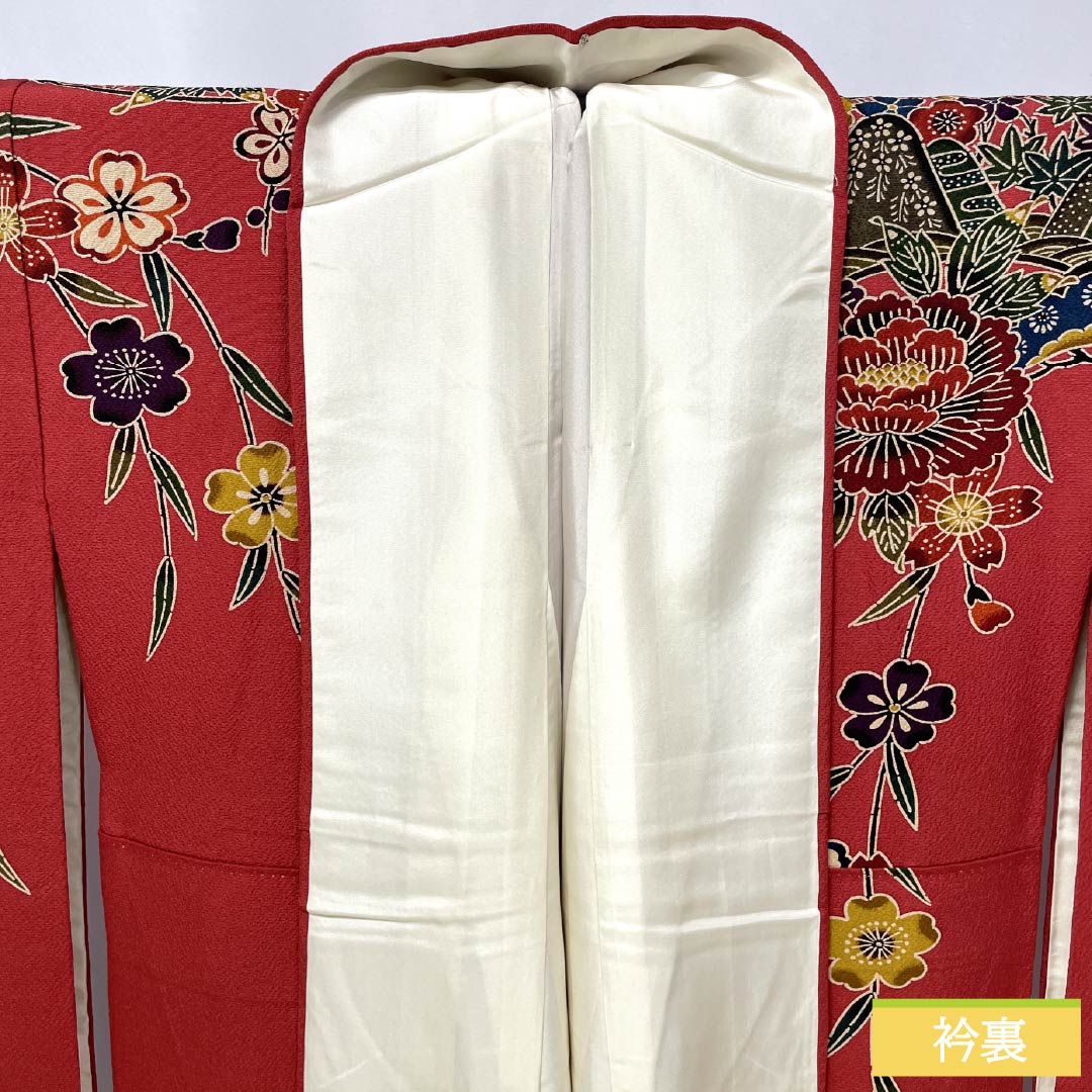 Silk Furisode, S-rank, Length 162.5cm, Sleeve-to-sleeve 68cm, Lined, Momiiro (crimson), Kyo-Bingata, Auspicious patterns, Floral, Fan motif, Flowing water, Red family, 1113002672412