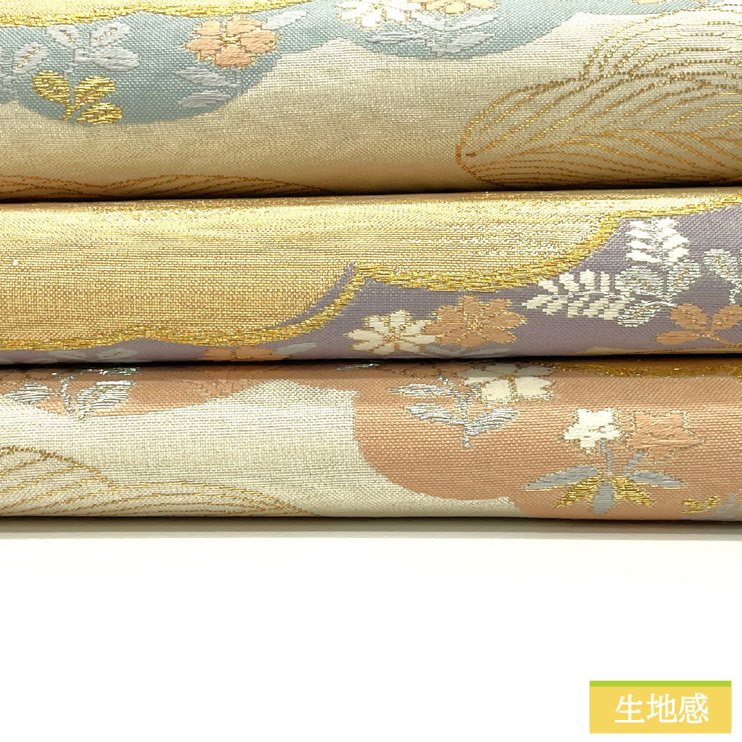 袋帯 正絹 Aランク 西陣織 雲取り 小花 帯丈428cm 六通 フォーマル 銀系 1123017233322