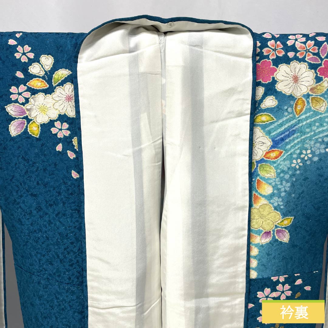 リサイクル着物】振袖 正絹 Sランク 身丈154cm 裄丈68cm 袷 孔雀青色