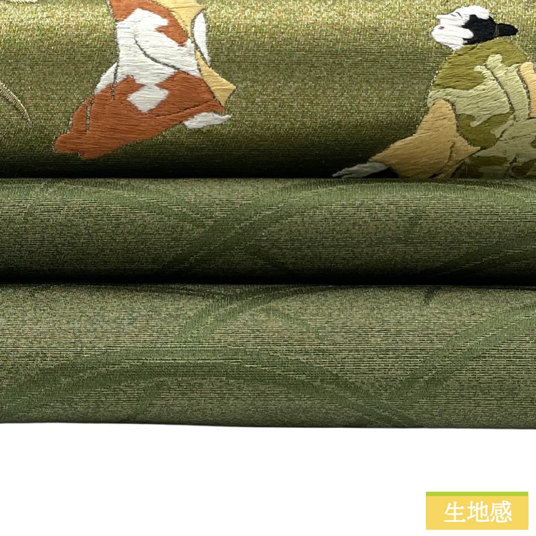 名古屋帯 正絹 Aランク 開き仕立て 青丹色（あおにいろ） 蘇州刺繍 古典柄 源氏物語 帯丈364cm ポイント柄 セミフォーマル 緑系 1124012563319