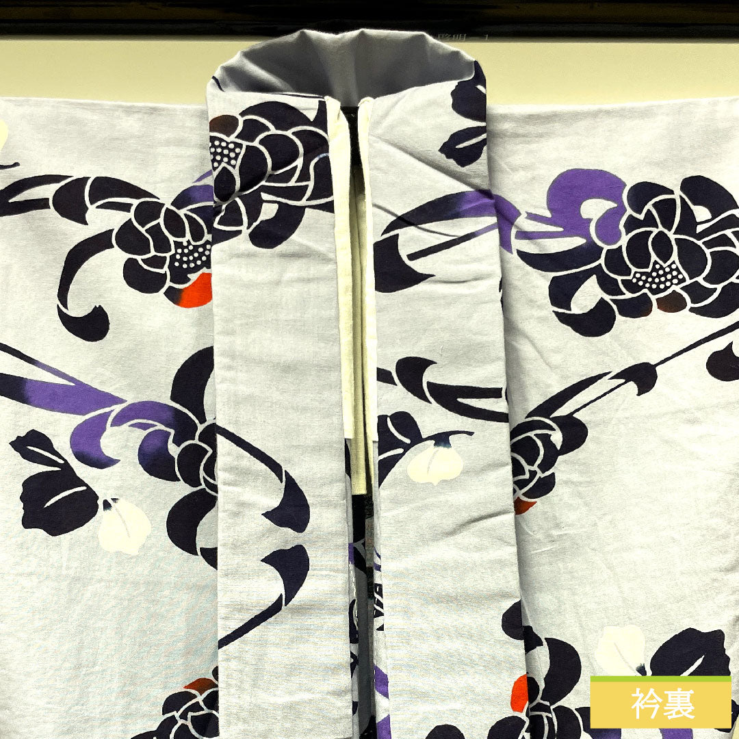 Yukata Cotton Length 164cm Sleeve length 65.5cm A rank Single layer Grayish White violet Chrysanthemum 1118004873422