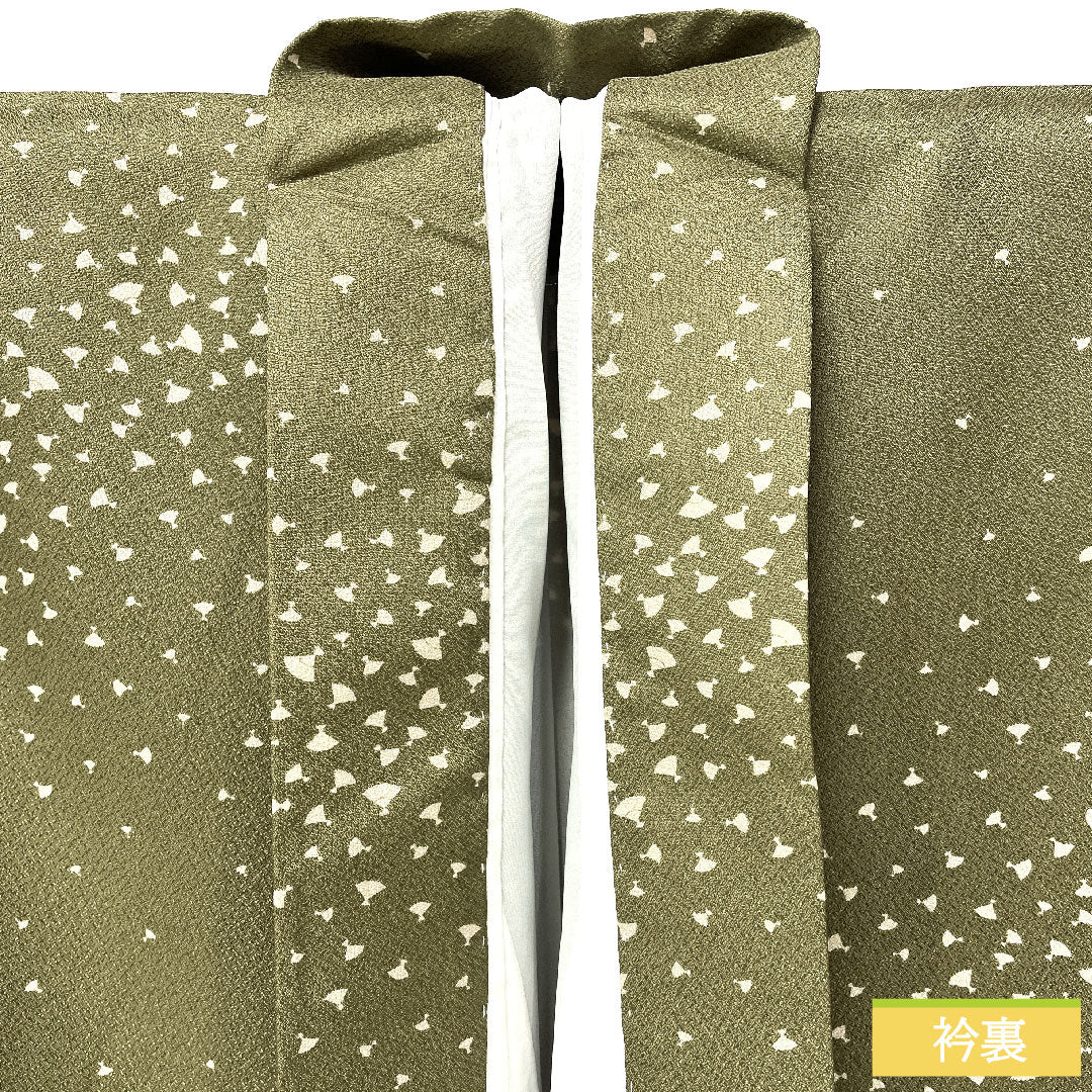 小紋 ポリエステル 身丈156cm 裄丈66.5cm 袷 古茶色（ふるちゃいろ） 洗える着物 扇 Sランク 緑系 1115004602319