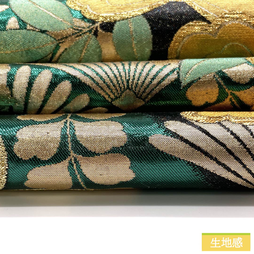 袋帯 正絹 碧緑色（へきりょくいろ） 振袖用 牡丹 藤の花 扇 帯丈430cm Sランク 六通 フォーマル 緑系 1123013602319