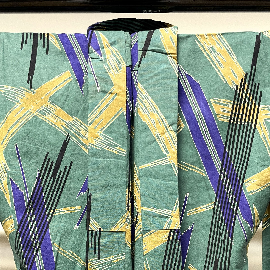 浴衣 萌葱色 幾何学模様 木綿 Aランク 単衣 身丈162cm 裄丈64.5cm 緑系 1118003963419