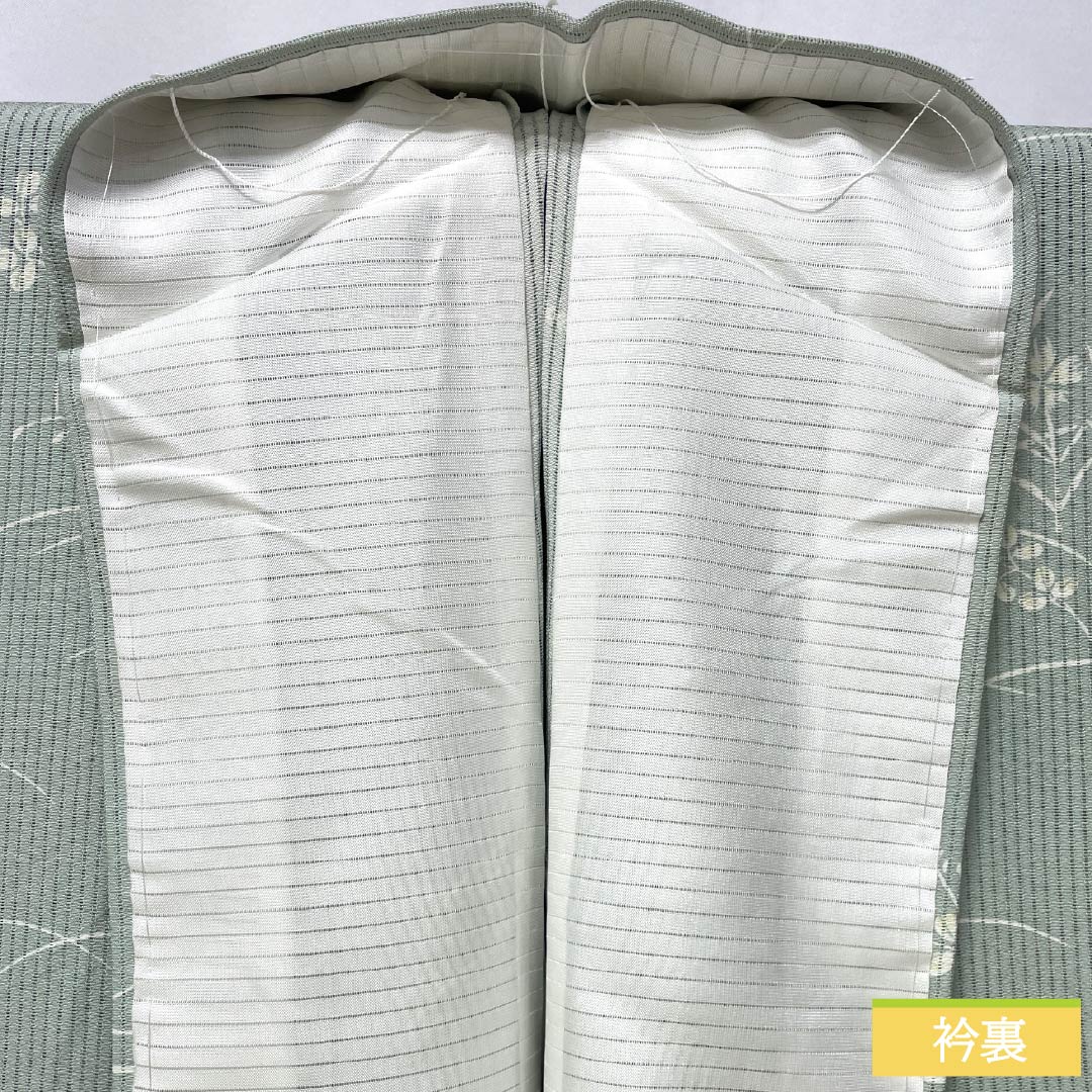 夏物 正絹 小紋 身丈153cm 裄丈62cm 白緑色（びゃくろくいろ） 京友禅 秋草 三松シルクケア 絽 Aランク 緑系 1132002093219