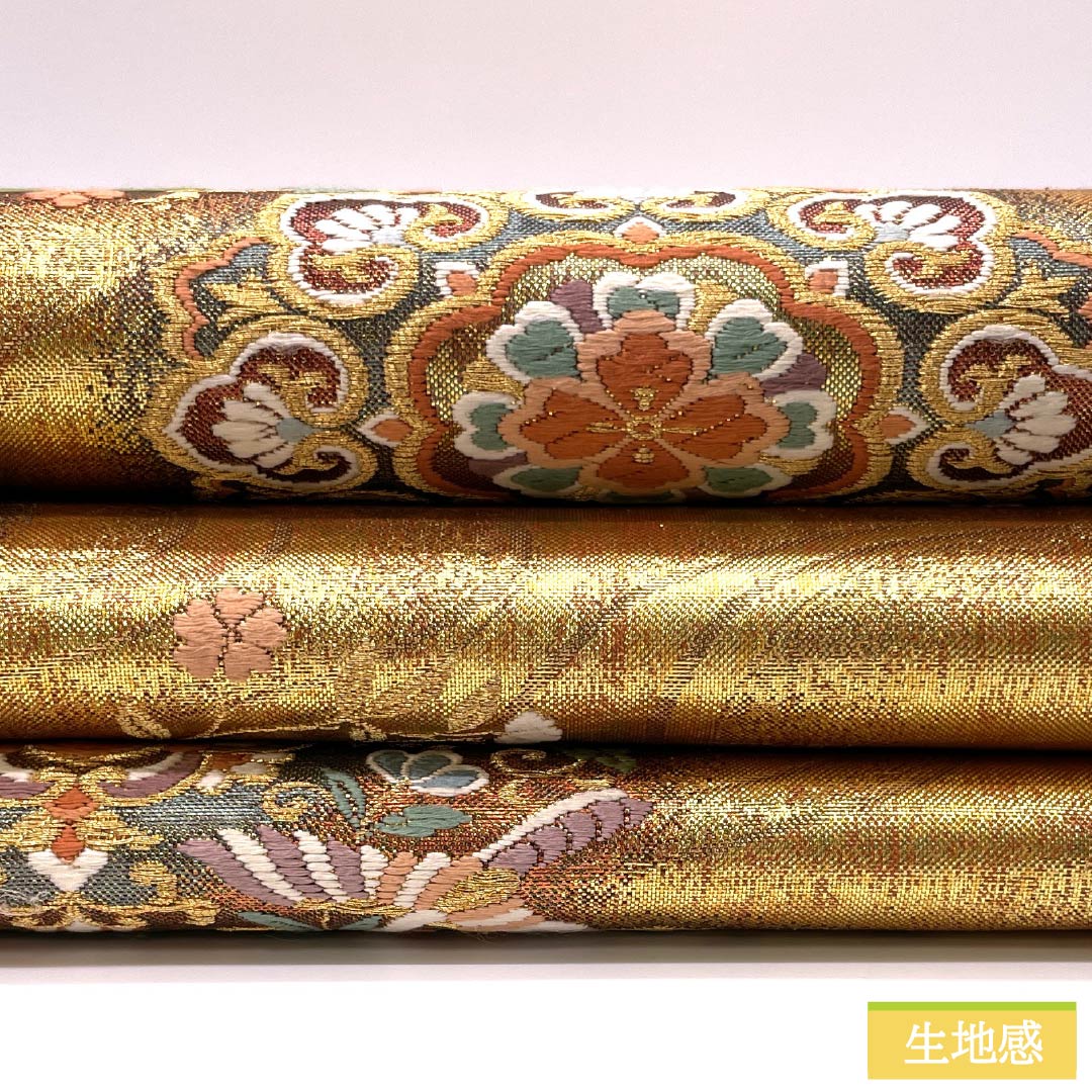 【七緒】掲載　袋帯　正絹 袋帯 秀品 華文 七宝 金銀糸 刺繍 金色 六通 正絹 中古