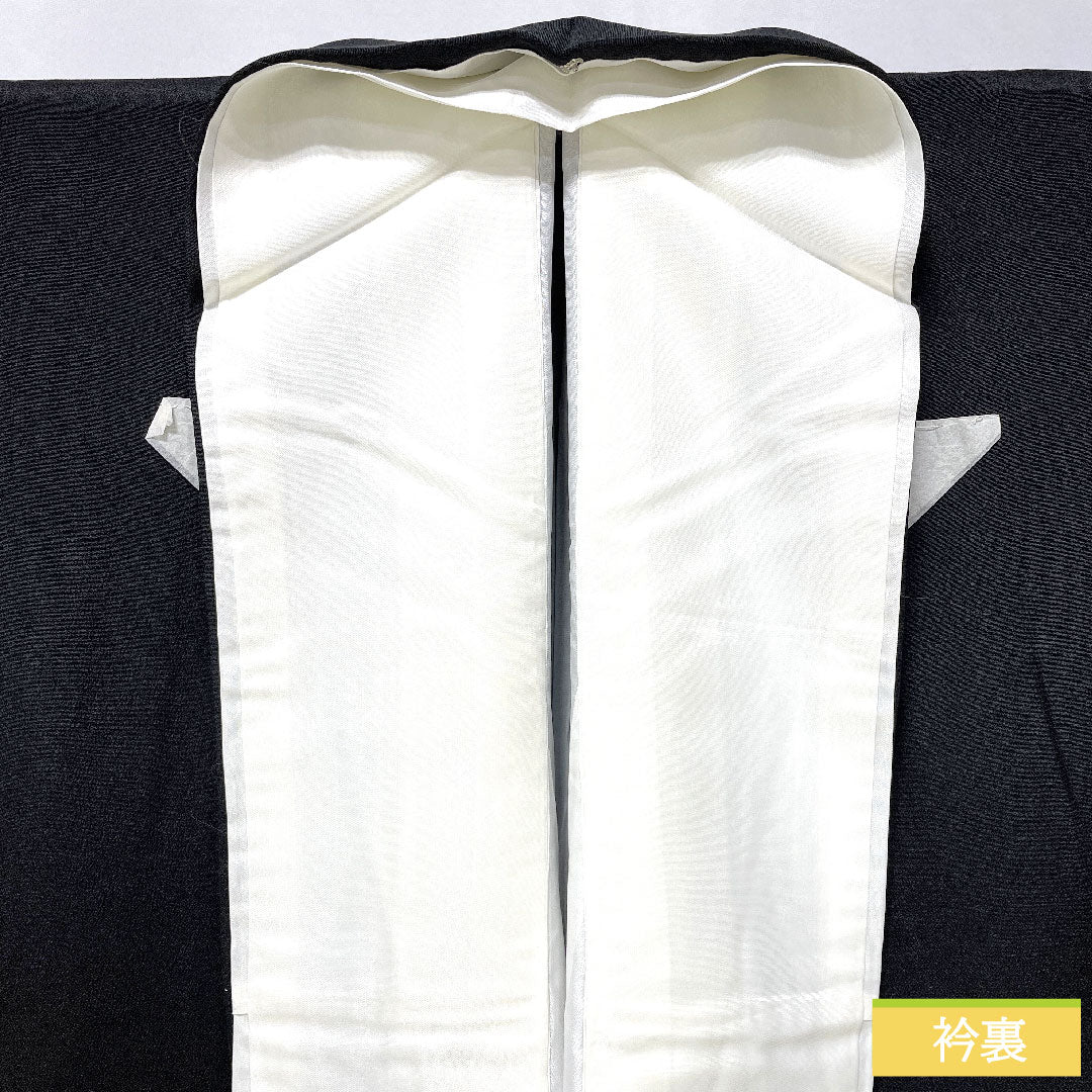 Black formal kimono, pure silk, length 162.5cm, sleeve length 62cm, lined, Kyoto yuzen, landscape pattern, five crests, sword and katabami, with basting thread, unused, S rank, black, 1111001572410